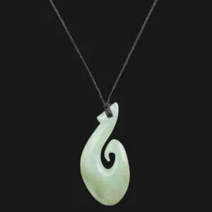 Maori inspired Light Green Jade Fishhook Pendant Necklace - Hand Carved Unique Design with Adjustable Wax Cord - Elegant Women's Jewelry