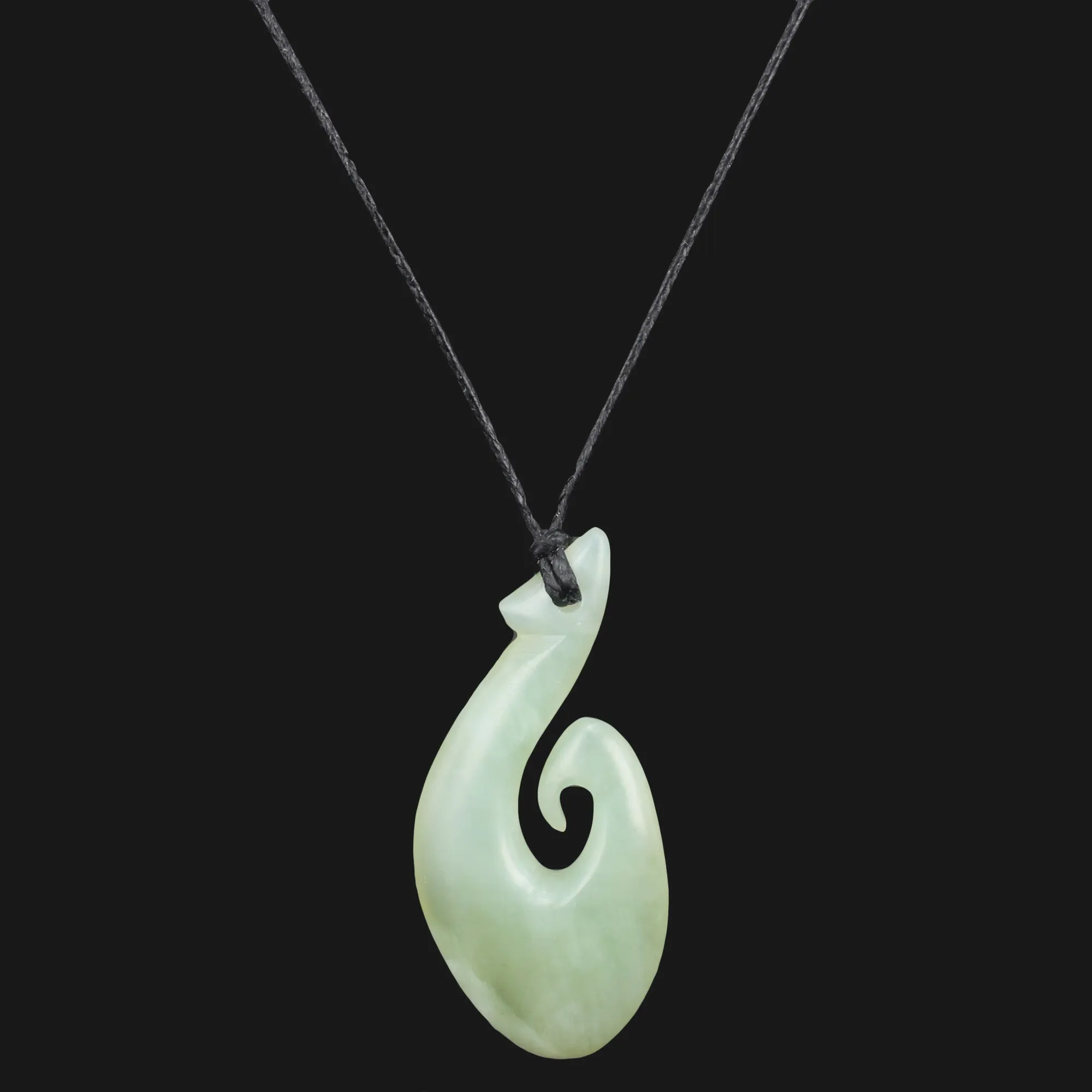 Maori inspired Light Green Jade Fishhook Pendant Necklace - Hand Carved Unique Design with Adjustable Wax Cord - Elegant Women's Jewelry