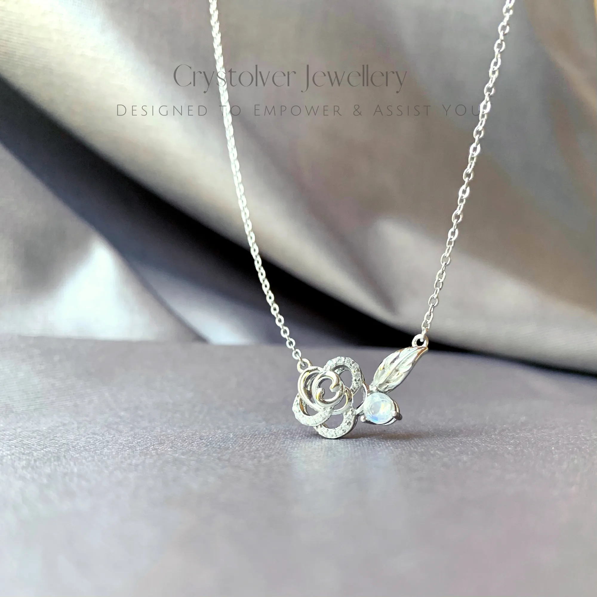 Moonstone Rose Flower 925 Sterling Silver Necklace