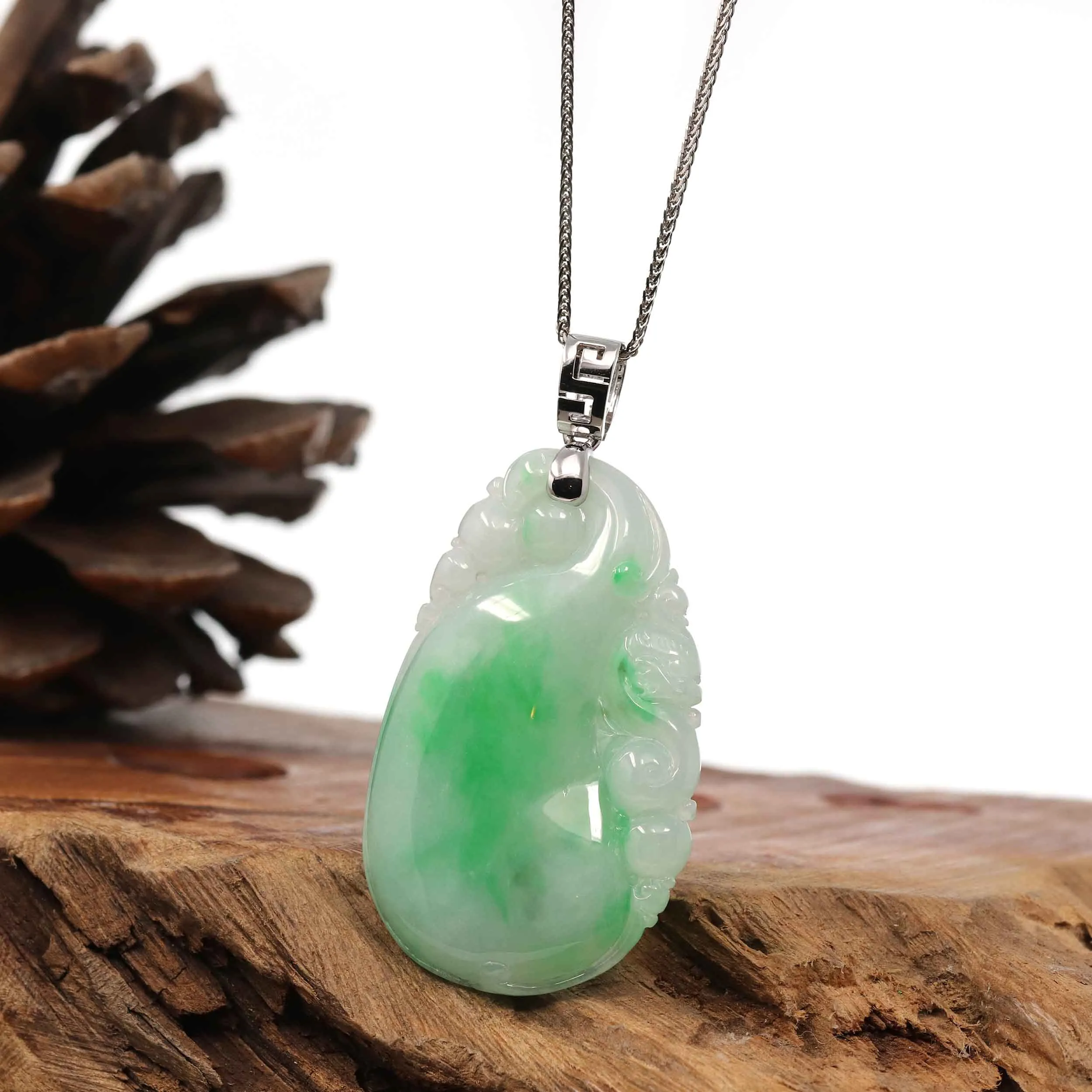 Natural Ice Green Jadeite Jade Shou Tao ( Longevity Peach ) Necklace With 14k White Gold Bail