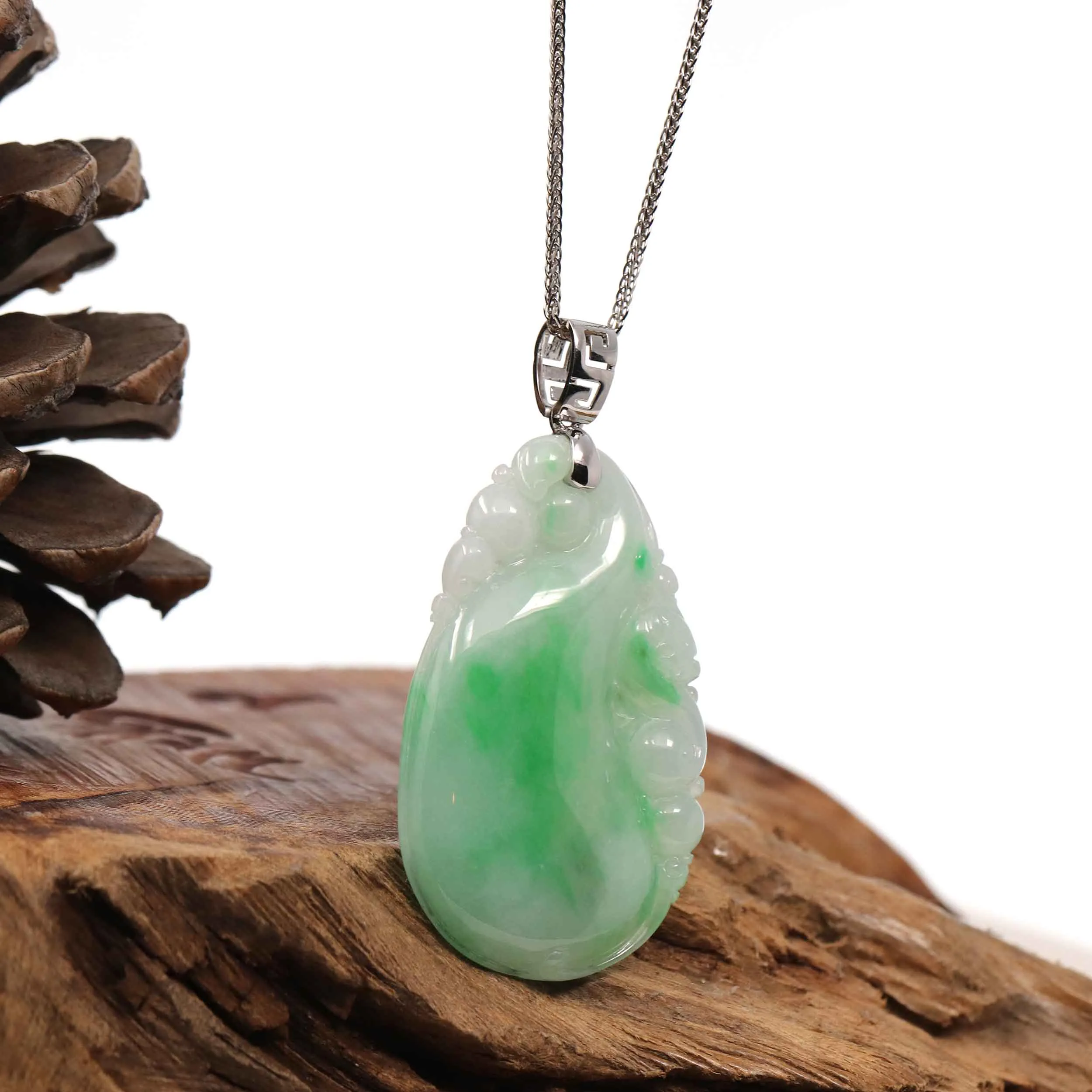 Natural Ice Green Jadeite Jade Shou Tao ( Longevity Peach ) Necklace With 14k White Gold Bail