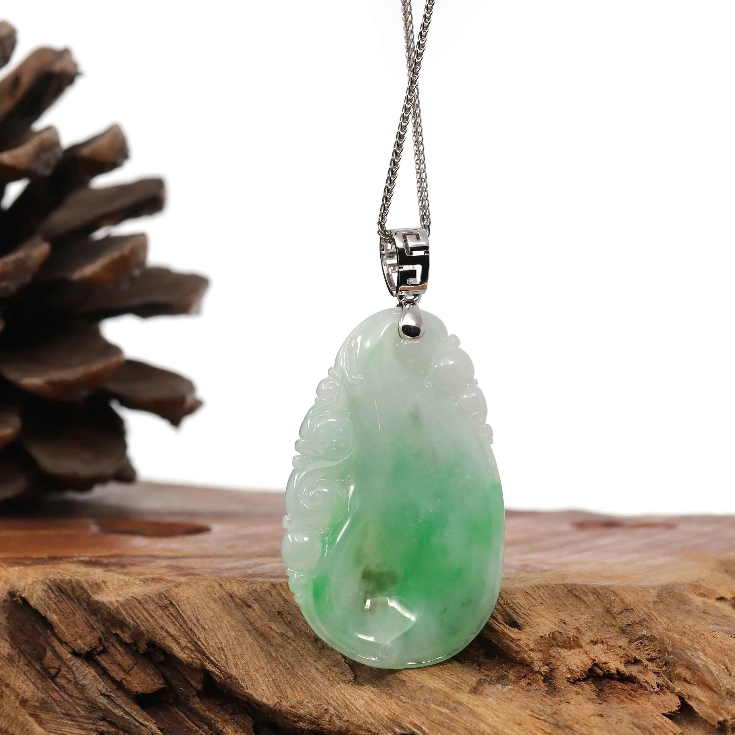 Natural Ice Green Jadeite Jade Shou Tao ( Longevity Peach ) Necklace With 14k White Gold Bail