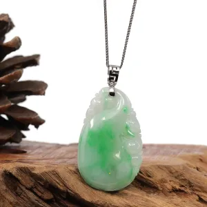 Natural Ice Green Jadeite Jade Shou Tao ( Longevity Peach ) Necklace With 14k White Gold Bail