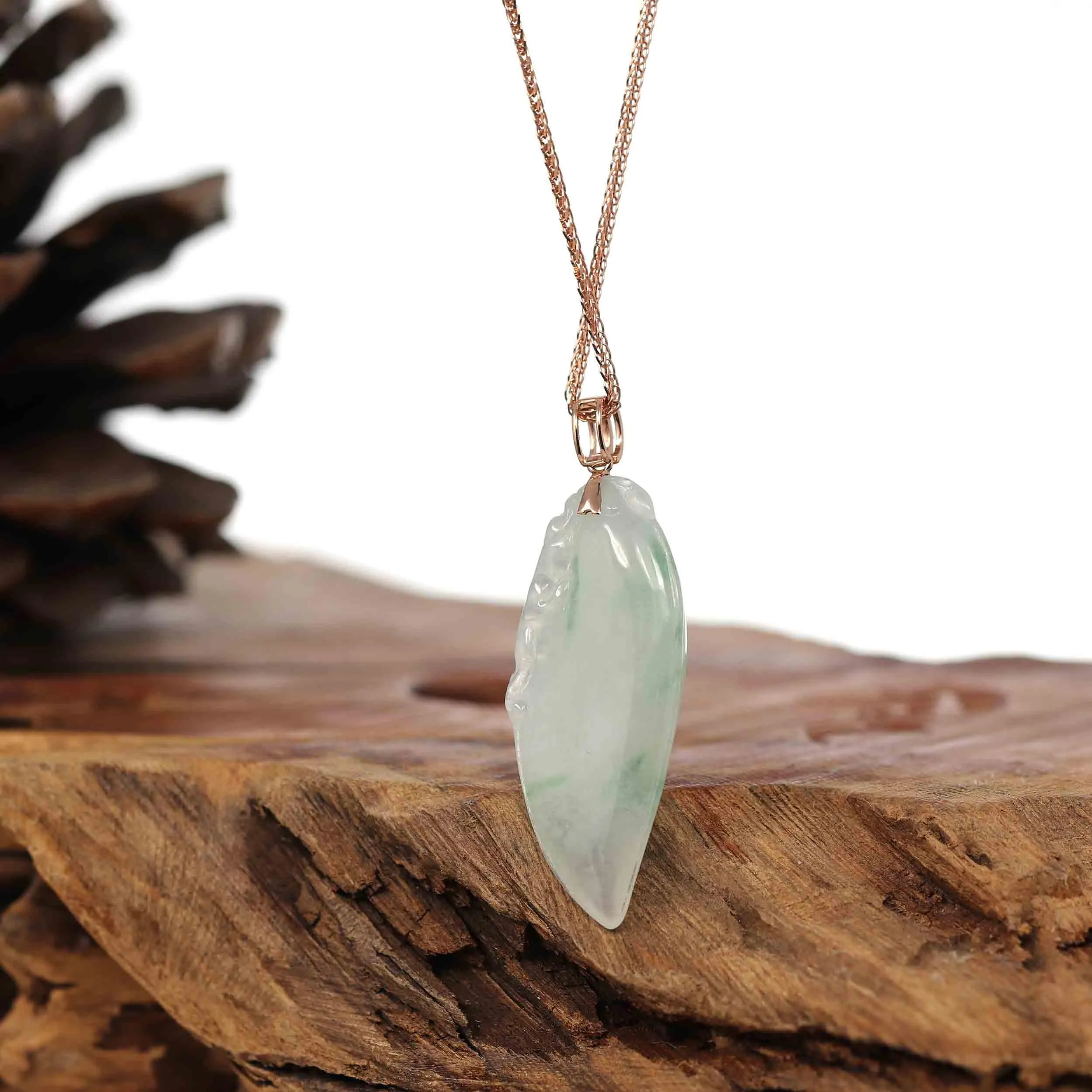 Natural Ice Jadeite "Longevity Peach" ShouTao Necklace With 14k Rose Gold Diamond Bail