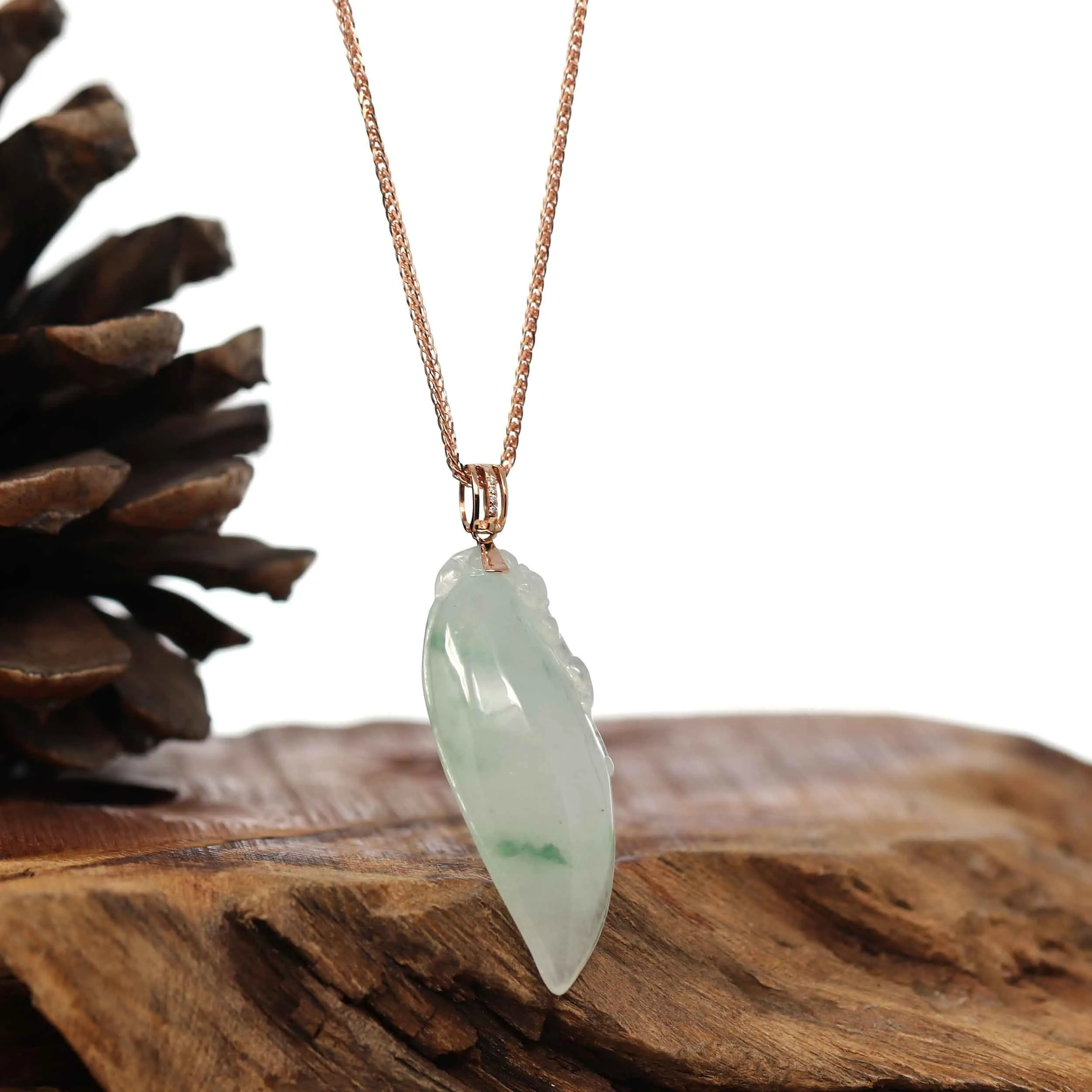 Natural Ice Jadeite "Longevity Peach" ShouTao Necklace With 14k Rose Gold Diamond Bail