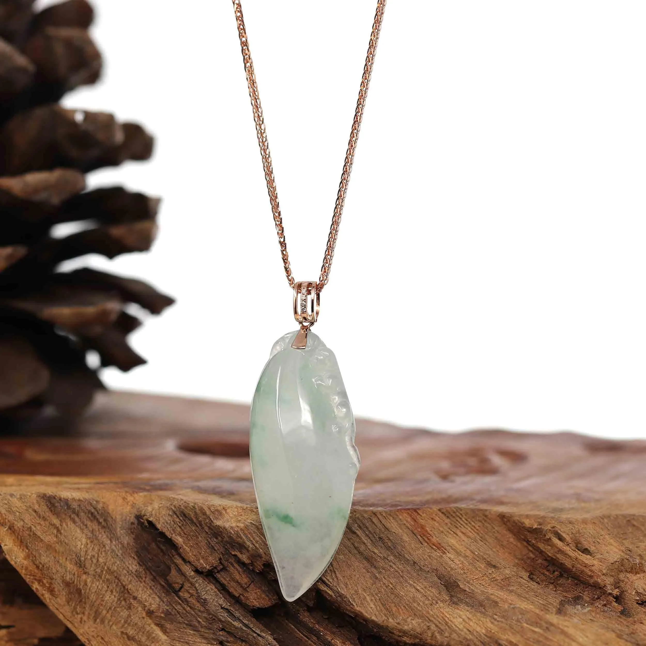Natural Ice Jadeite "Longevity Peach" ShouTao Necklace With 14k Rose Gold Diamond Bail