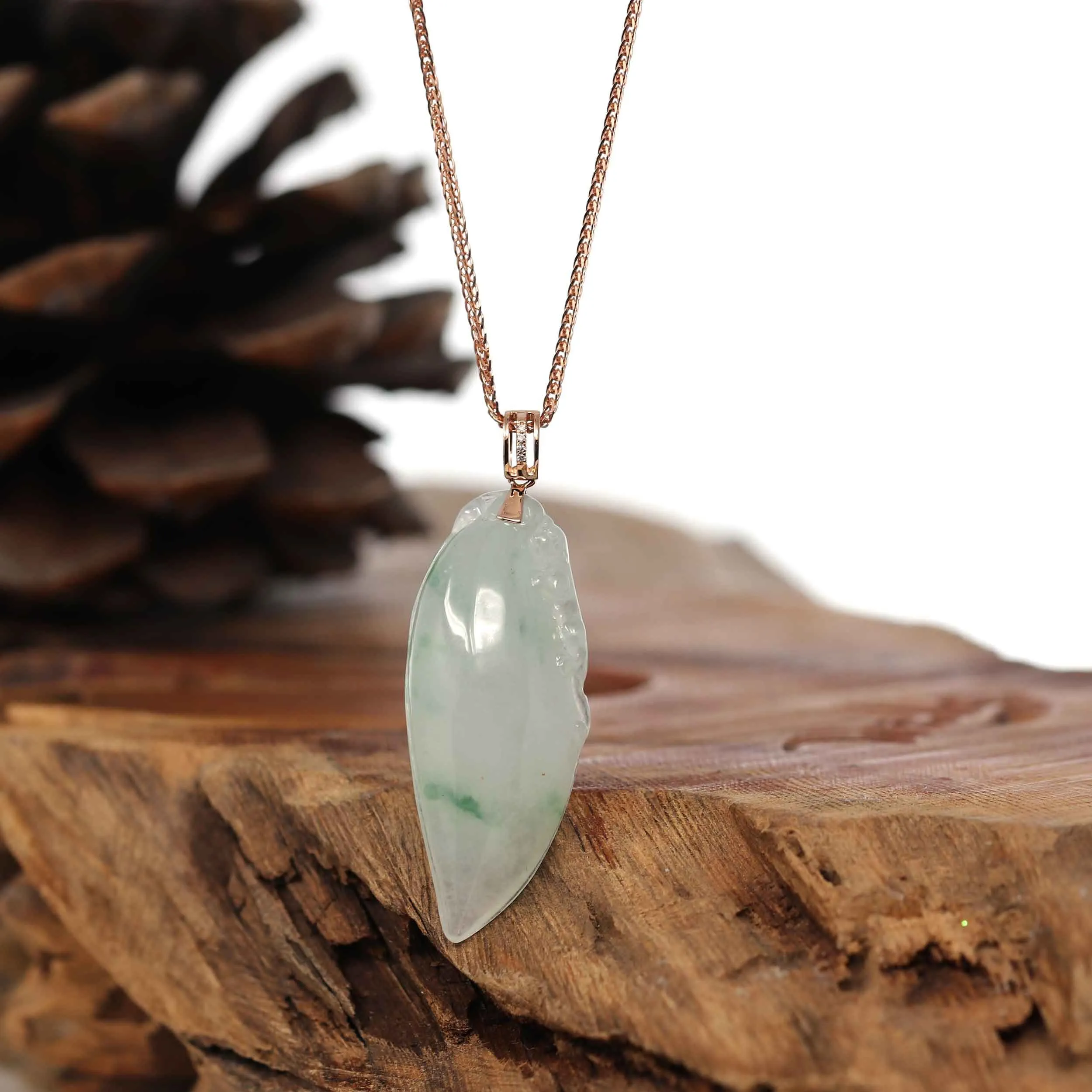 Natural Ice Jadeite "Longevity Peach" ShouTao Necklace With 14k Rose Gold Diamond Bail