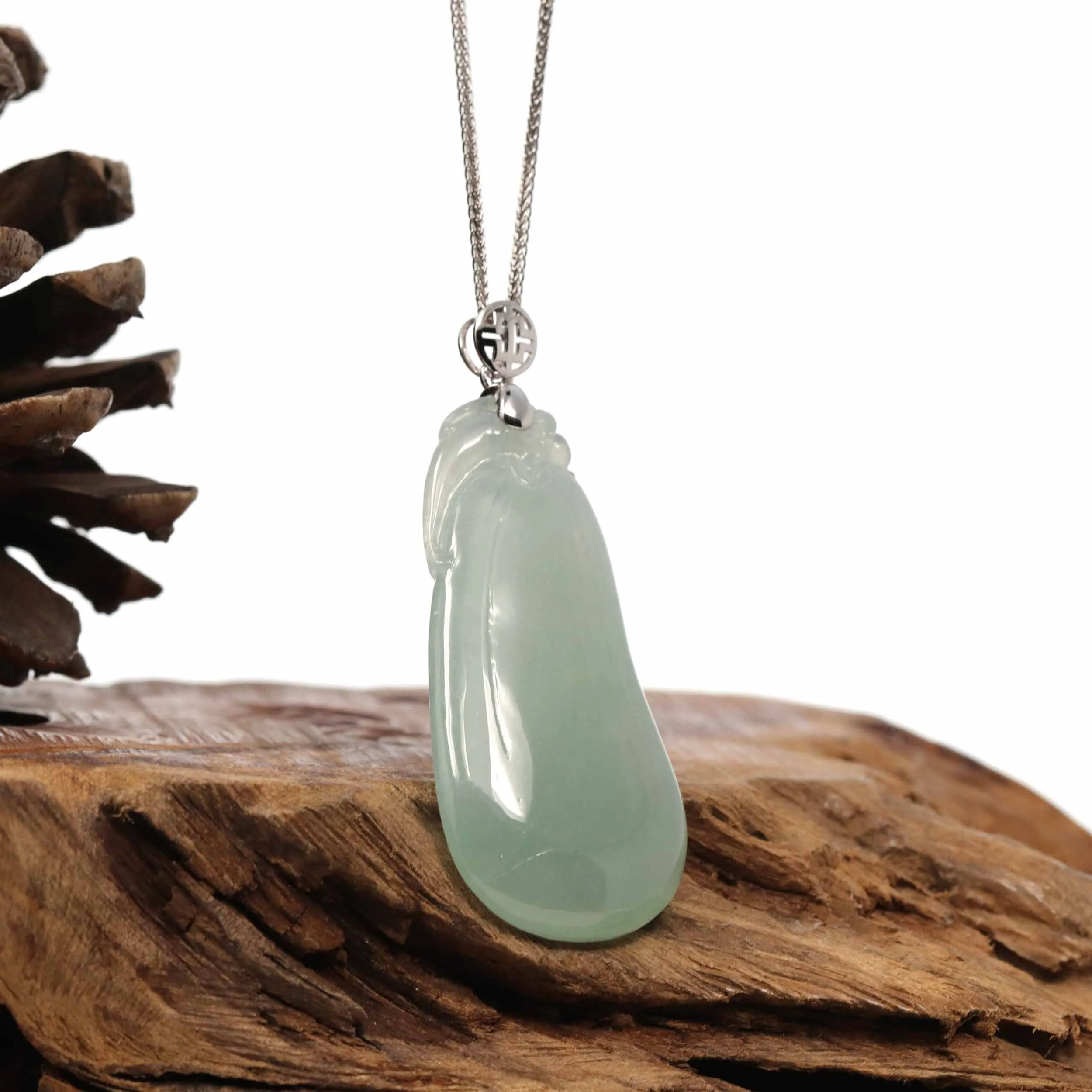 Natural Ice Lake Green Jadeite Jade Shou Tao ( Longevity Peach ) Necklace With 14k White Gold Bail