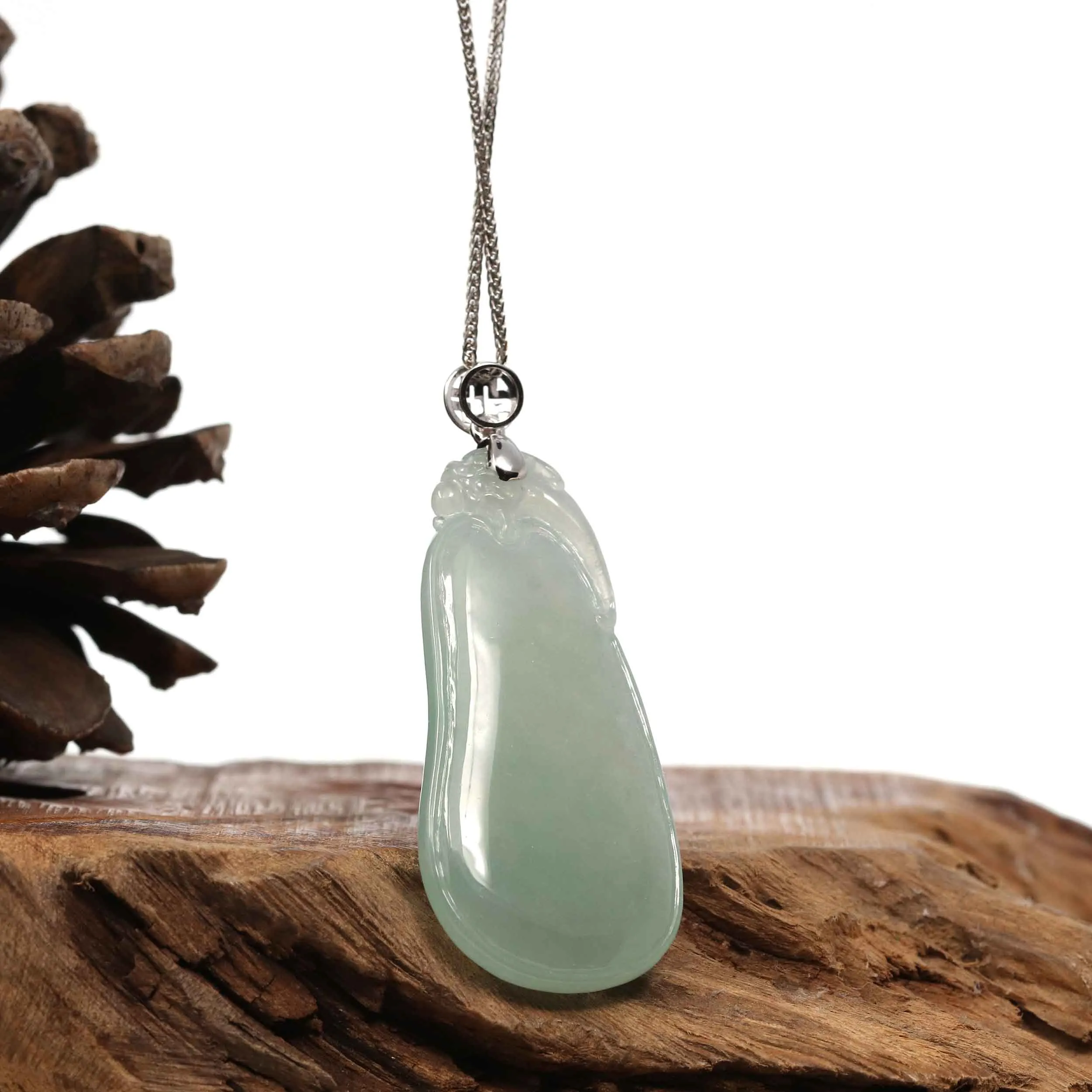 Natural Ice Lake Green Jadeite Jade Shou Tao ( Longevity Peach ) Necklace With 14k White Gold Bail