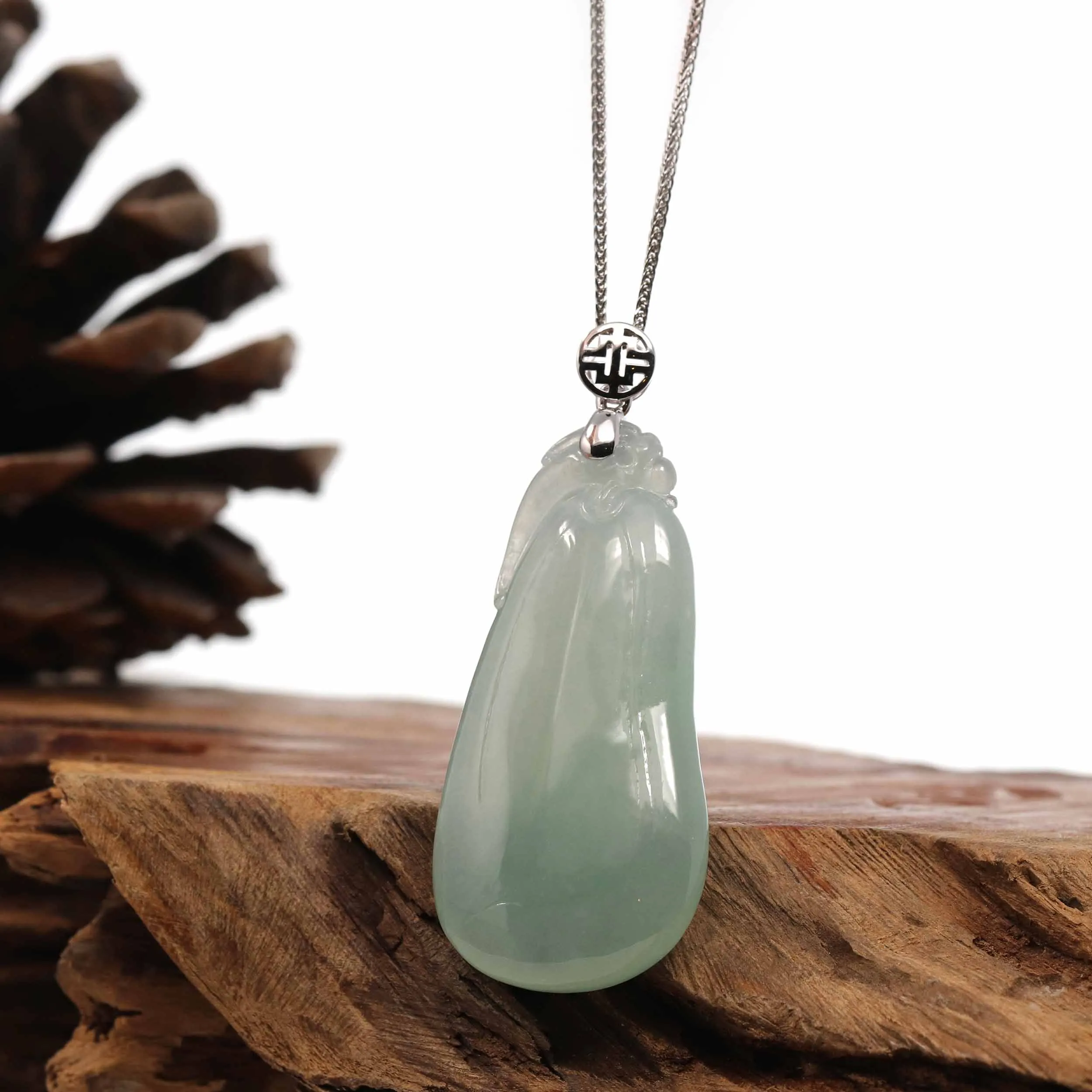 Natural Ice Lake Green Jadeite Jade Shou Tao ( Longevity Peach ) Necklace With 14k White Gold Bail