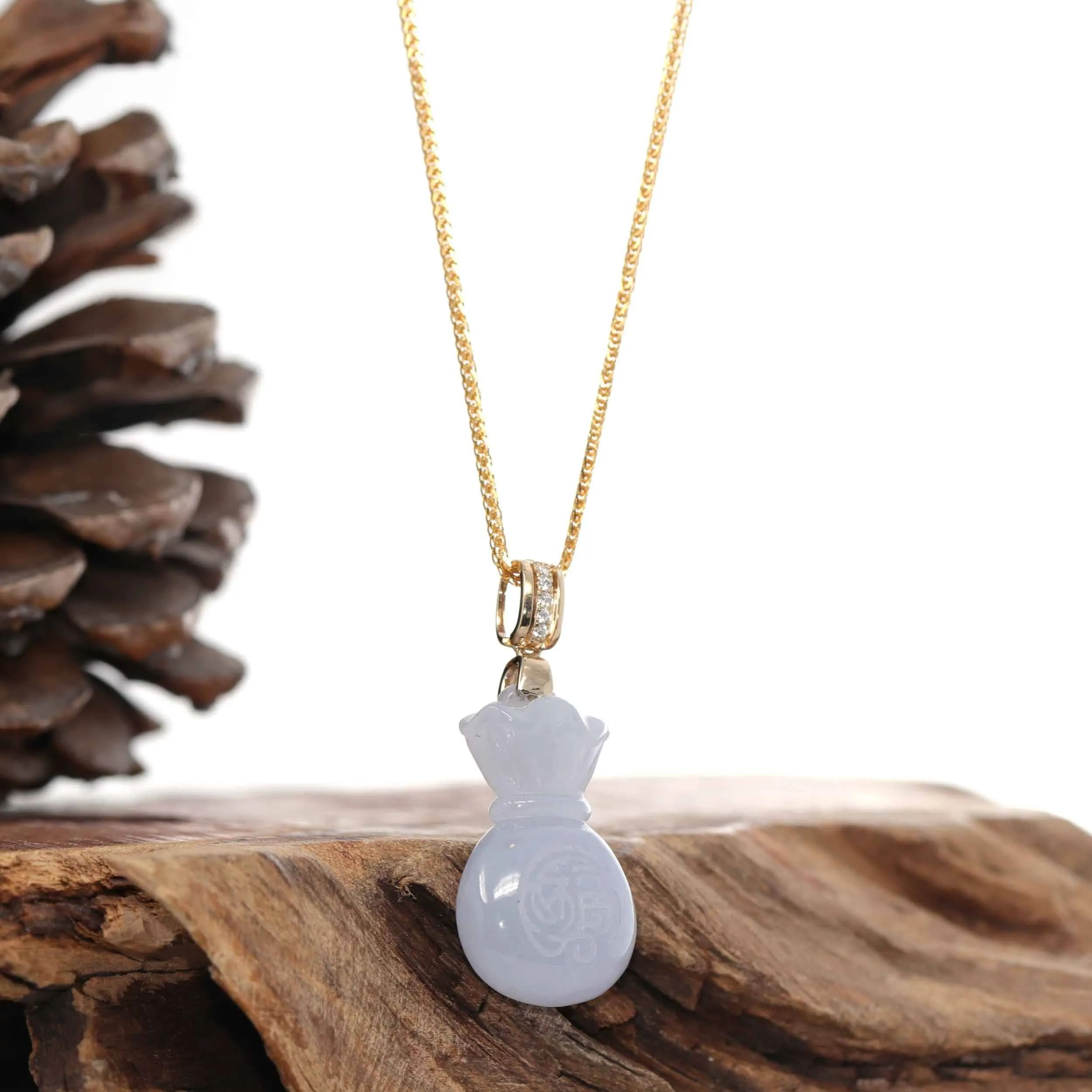 Natural Ice Lavender Jadeite Jade "Lucky Money Sack" Necklace With 14k Yellow Gold Diamond Bail