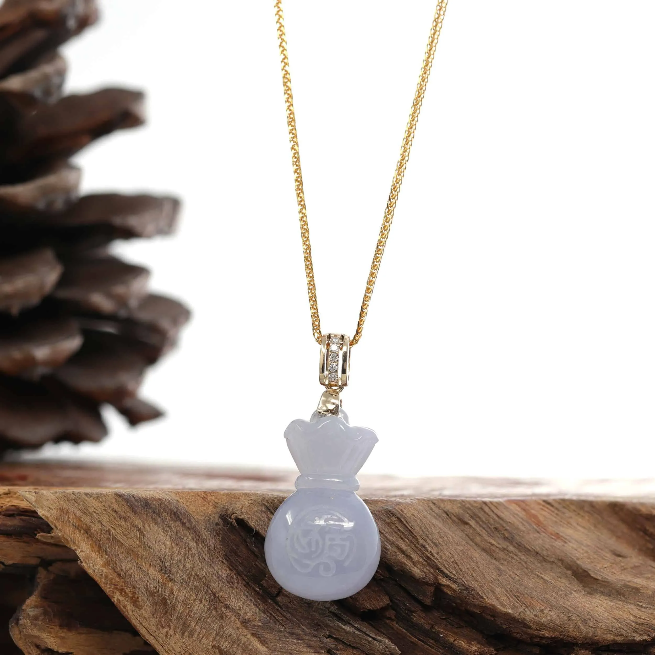 Natural Ice Lavender Jadeite Jade "Lucky Money Sack" Necklace With 14k Yellow Gold Diamond Bail