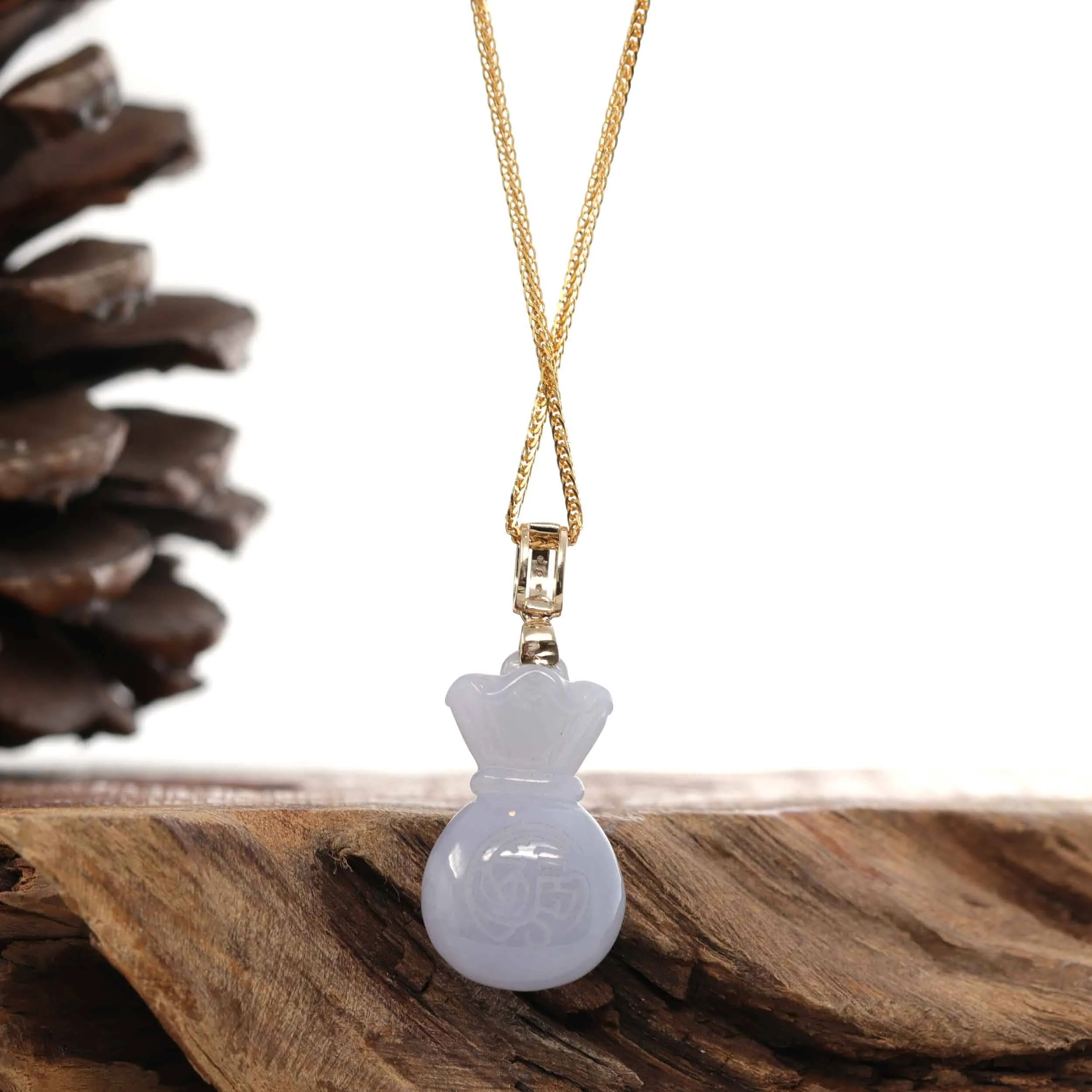Natural Ice Lavender Jadeite Jade "Lucky Money Sack" Necklace With 14k Yellow Gold Diamond Bail