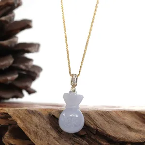 Natural Ice Lavender Jadeite Jade "Lucky Money Sack" Necklace With 14k Yellow Gold Diamond Bail