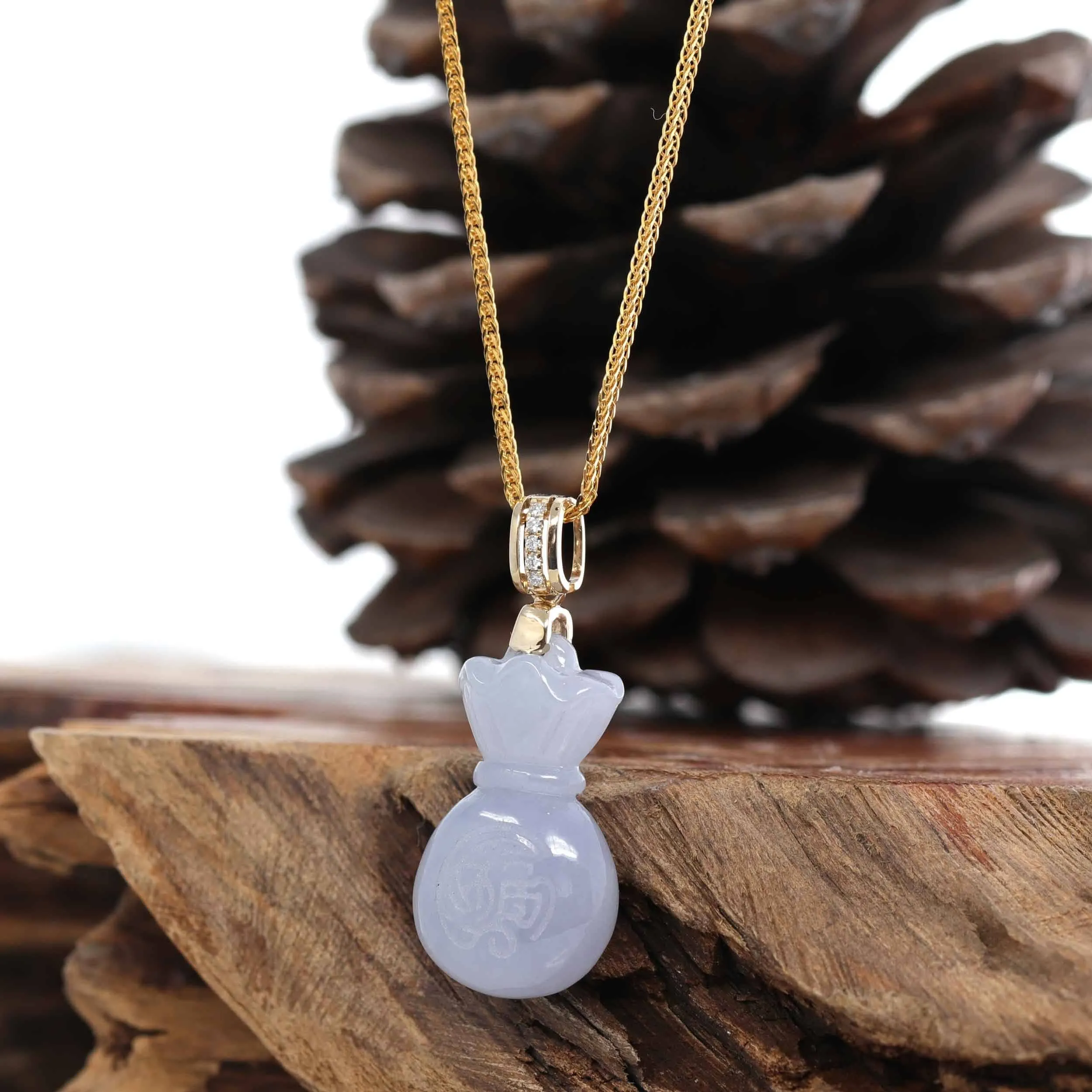 Natural Ice Lavender Jadeite Jade "Lucky Money Sack" Necklace With 14k Yellow Gold Diamond Bail