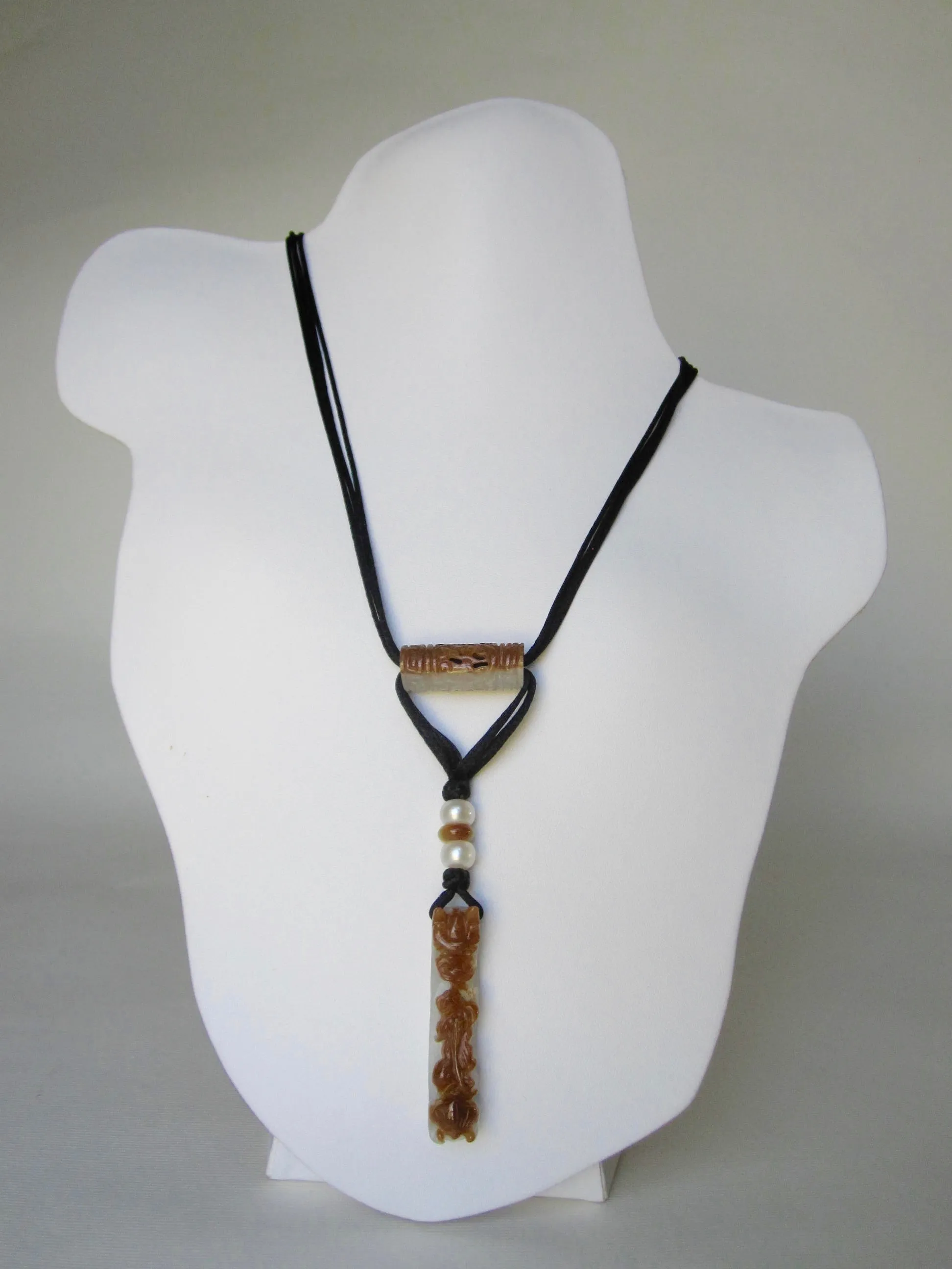 Natural Jade, Fresh Water Pearls, Black Silk Chain & Knots Necklace