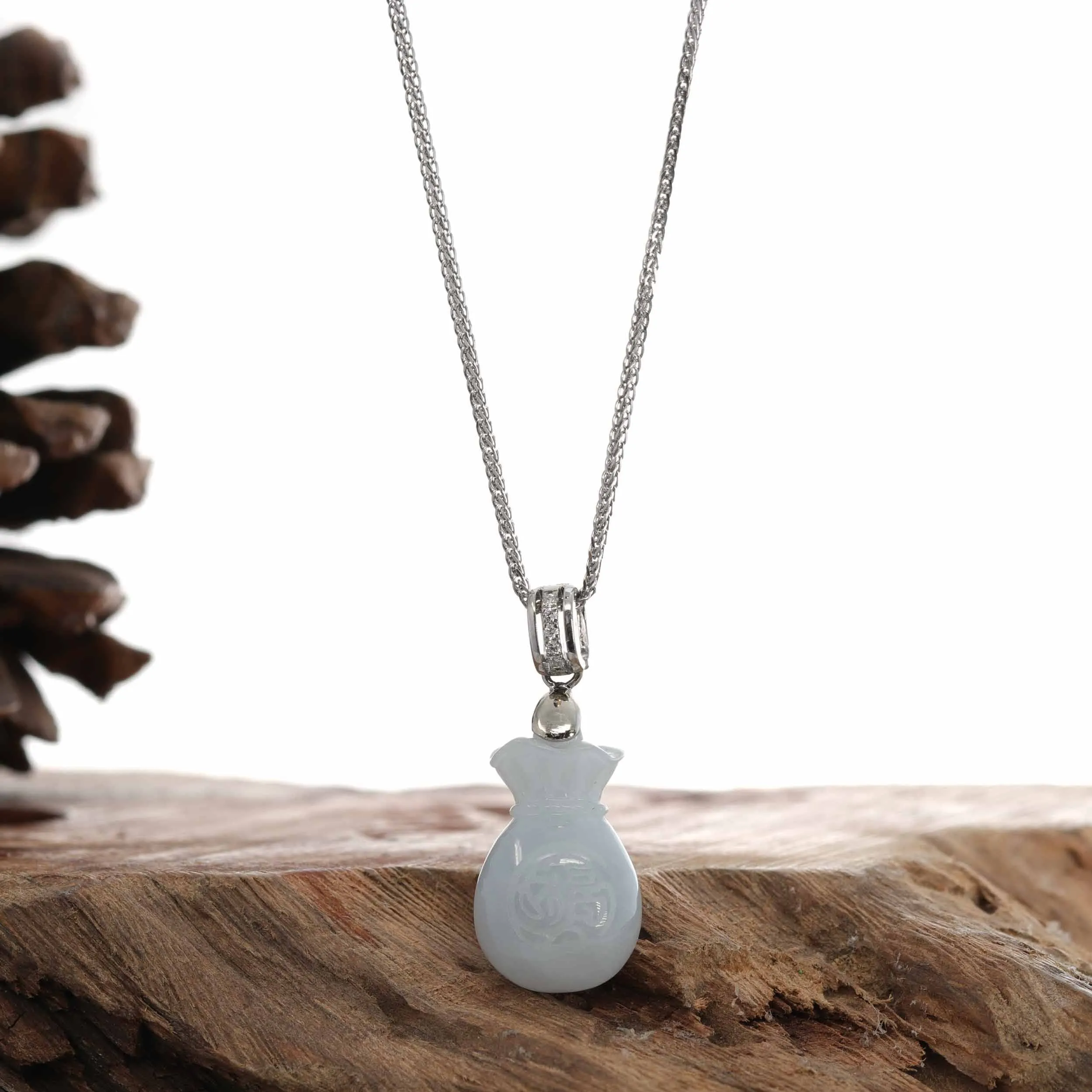Natural Lavender Jadeite Jade Lucky HuLu Pendant Necklace With 14k White Gold Diamond Bail