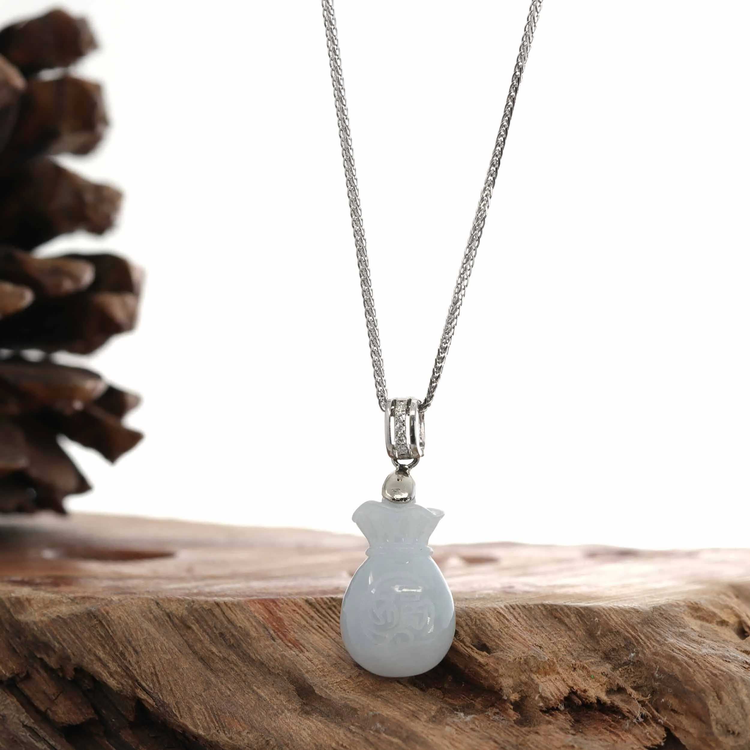 Natural Lavender Jadeite Jade Lucky HuLu Pendant Necklace With 14k White Gold Diamond Bail