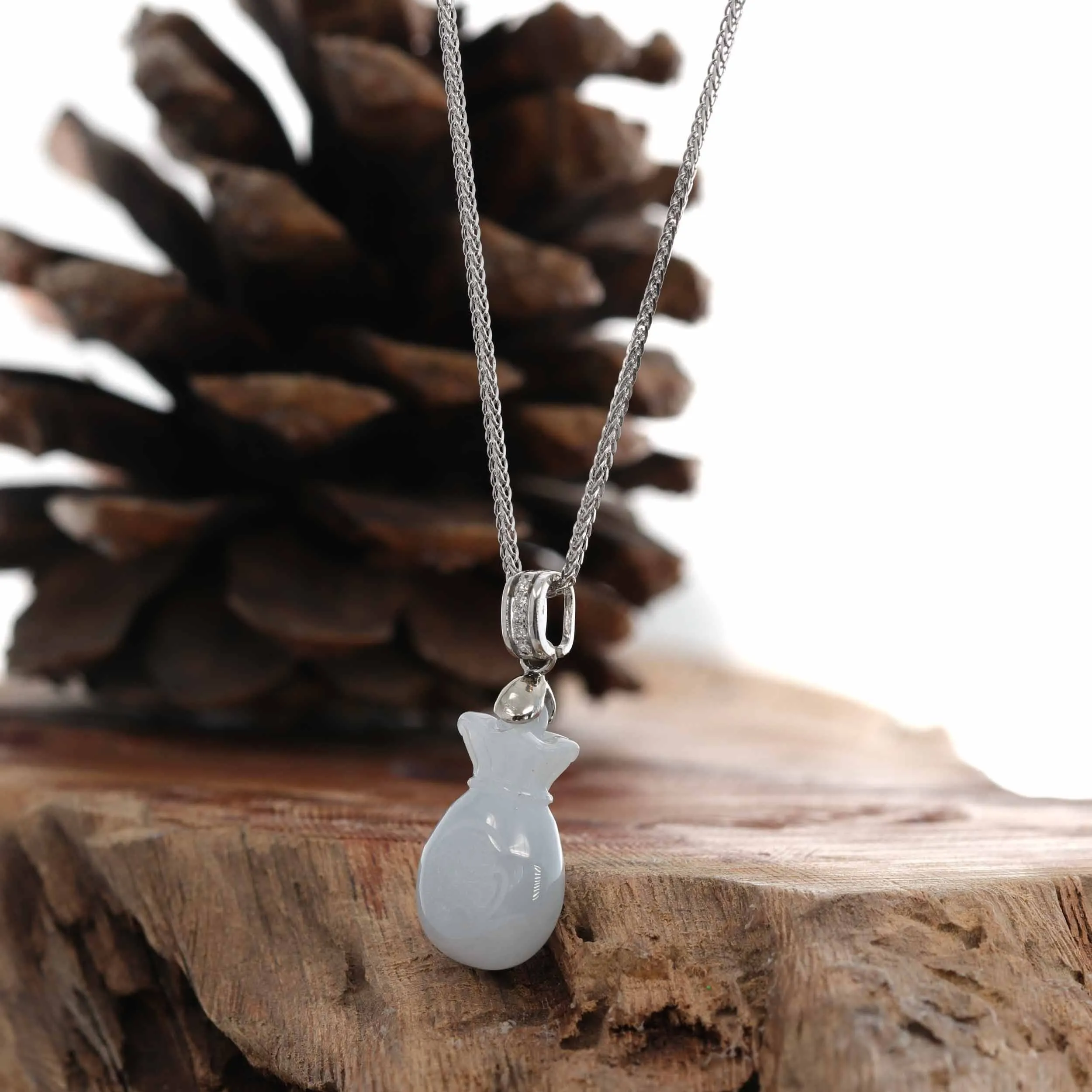 Natural Lavender Jadeite Jade Lucky HuLu Pendant Necklace With 14k White Gold Diamond Bail