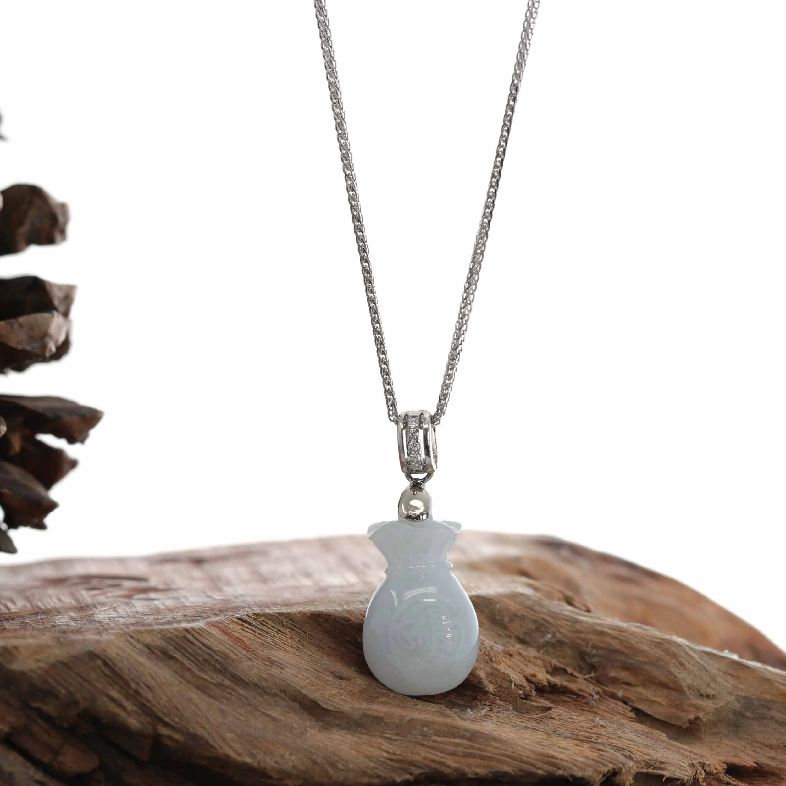 Natural Lavender Jadeite Jade Lucky HuLu Pendant Necklace With 14k White Gold Diamond Bail