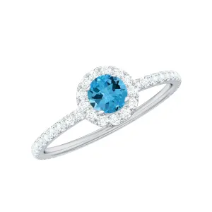 Natural Swiss Blue Topaz Halo Engagement Ring with Diamond