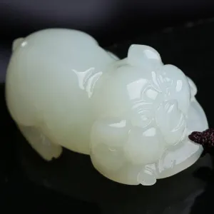 Nephrite White Jade, Lucky Pig Pendant Necklace