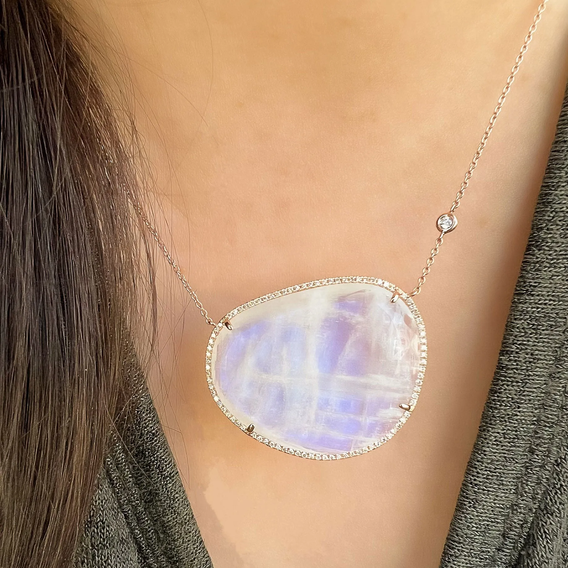 One of a Kind Rainbow Moonstone Necklace in Rose Gold