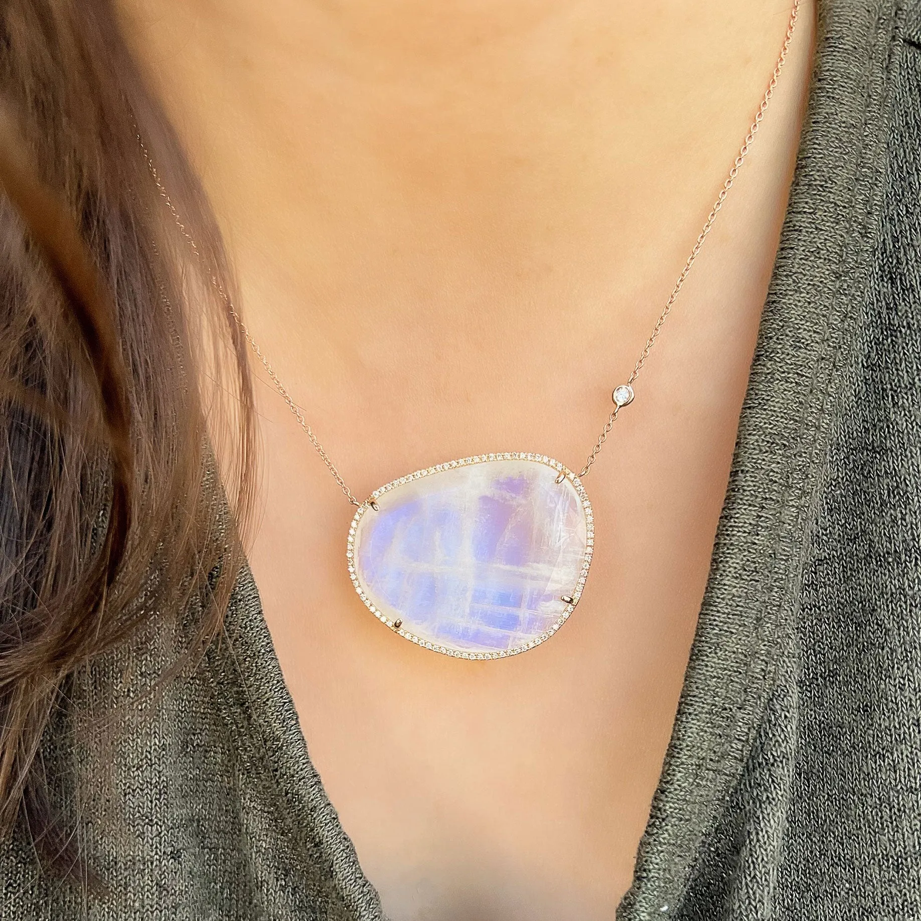 One of a Kind Rainbow Moonstone Necklace in Rose Gold