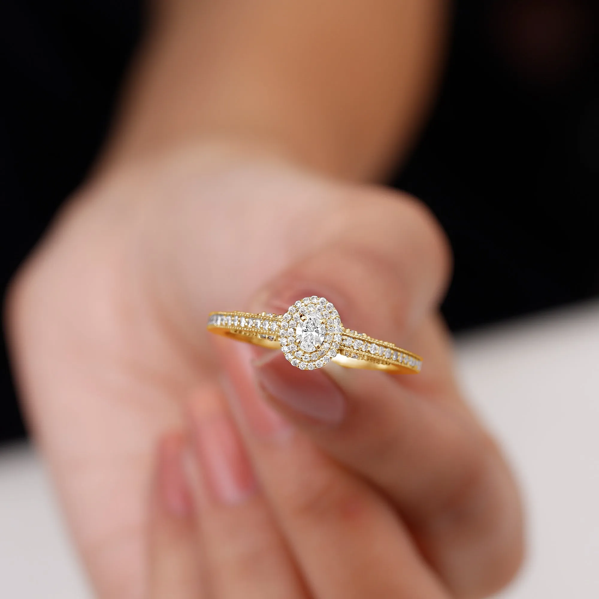 Oval Diamond Double Halo Engagement Ring with Beaded Detailing