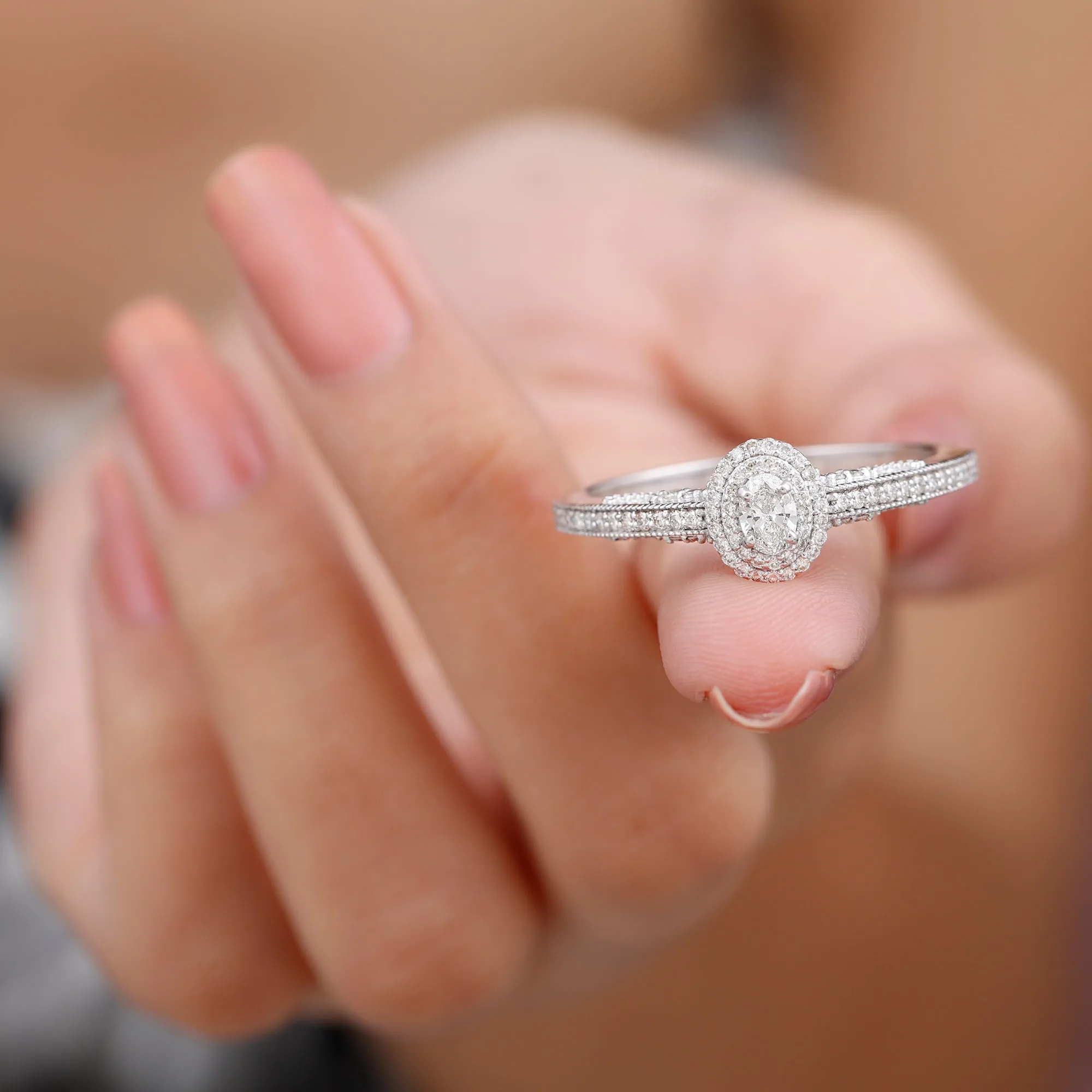 Oval Diamond Double Halo Engagement Ring with Beaded Detailing
