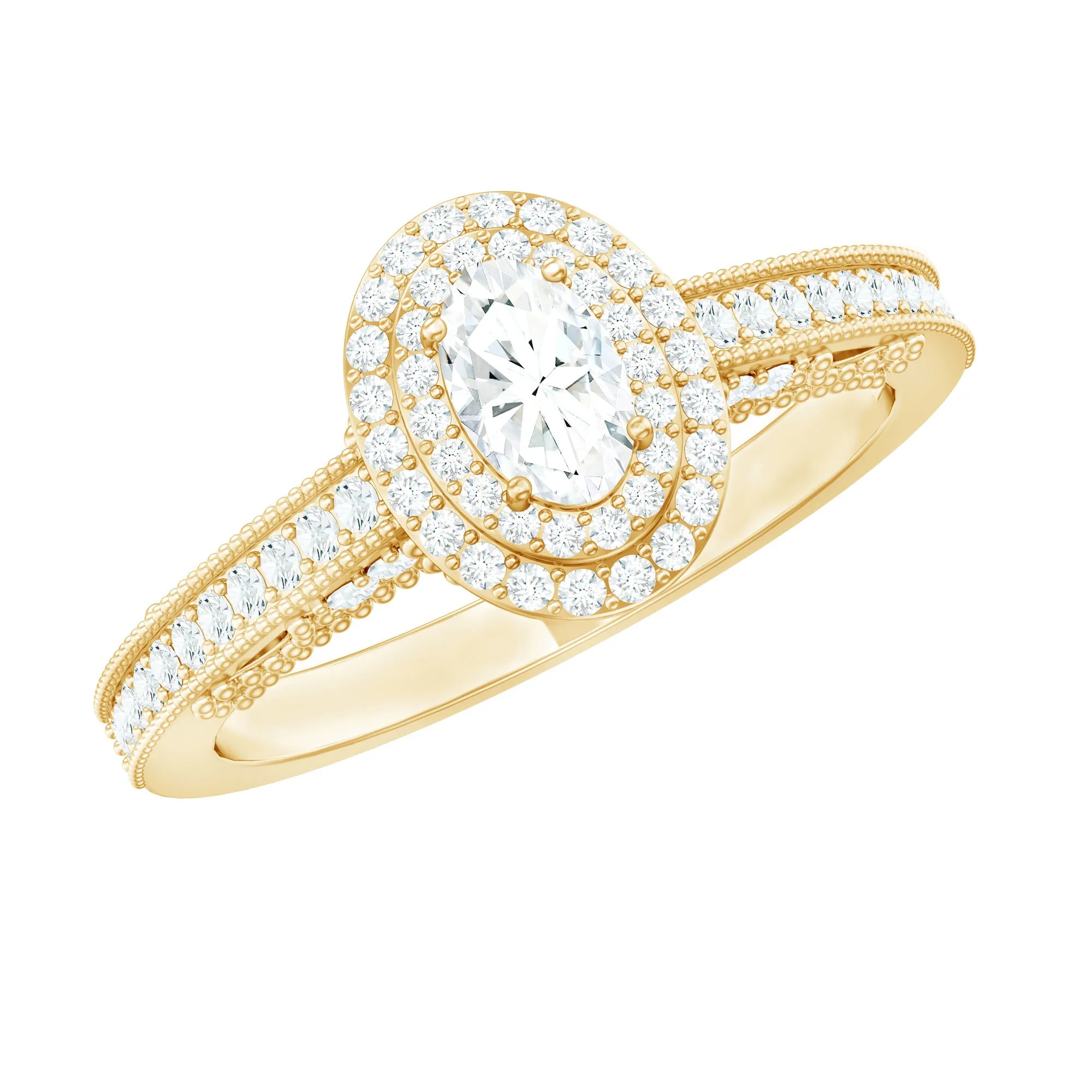 Oval Diamond Double Halo Engagement Ring with Beaded Detailing