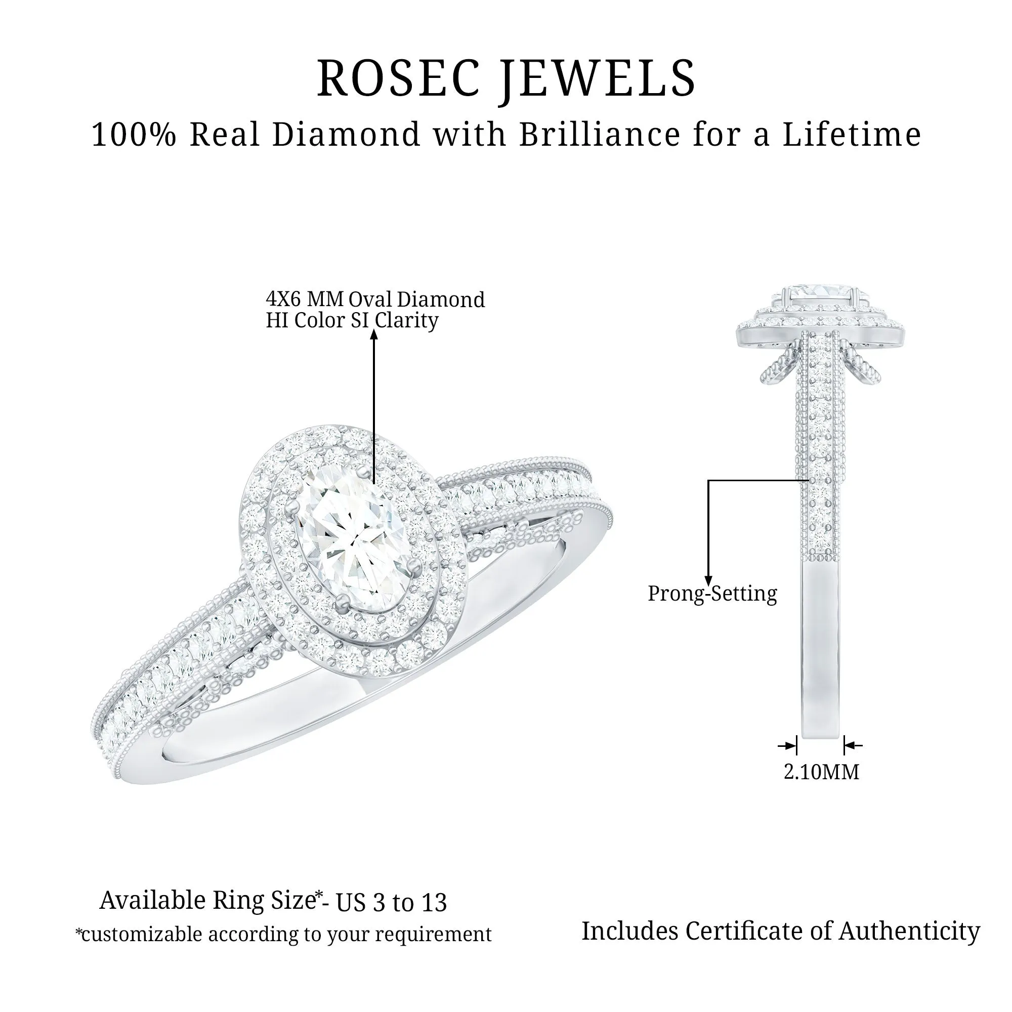 Oval Diamond Double Halo Engagement Ring with Beaded Detailing