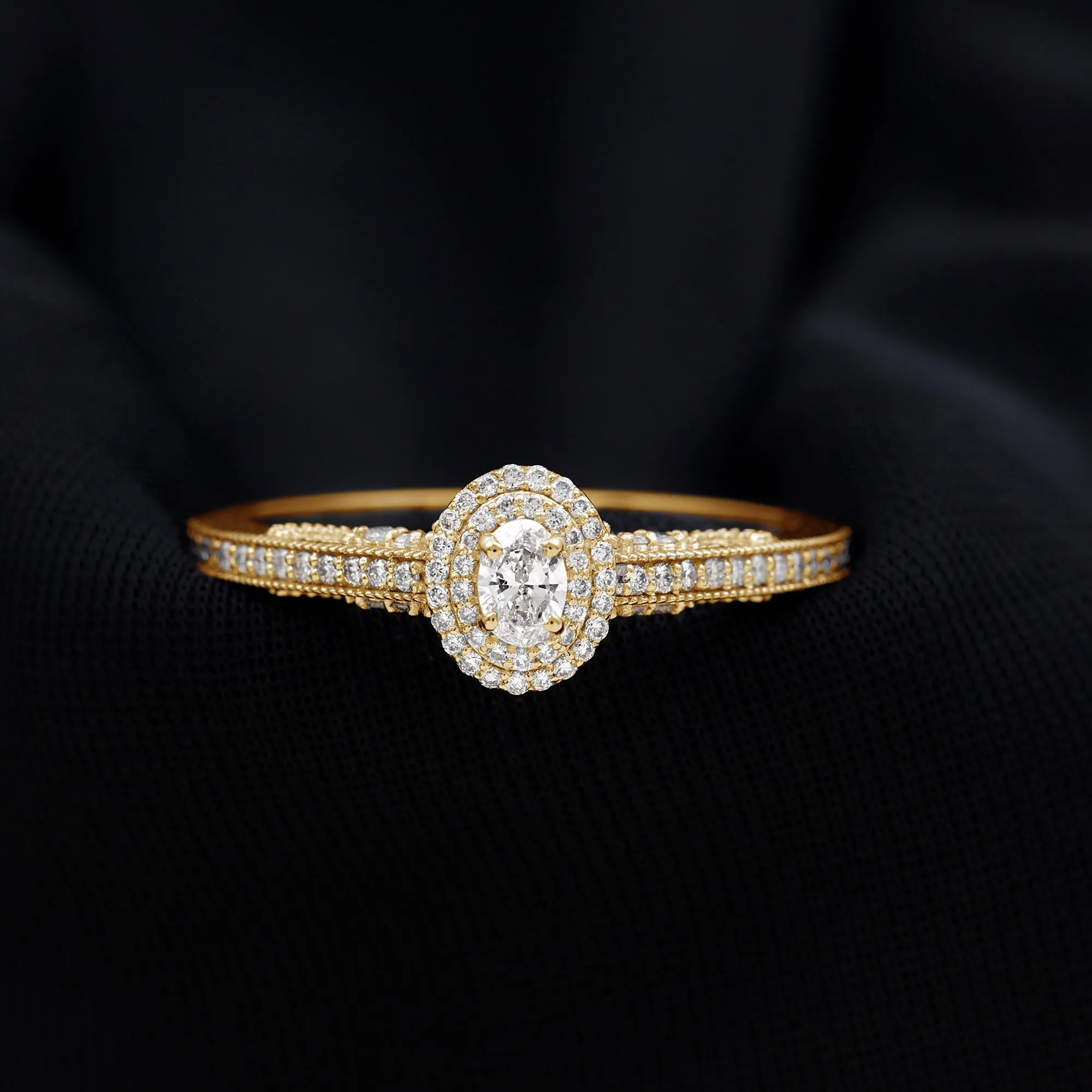 Oval Diamond Double Halo Engagement Ring with Beaded Detailing