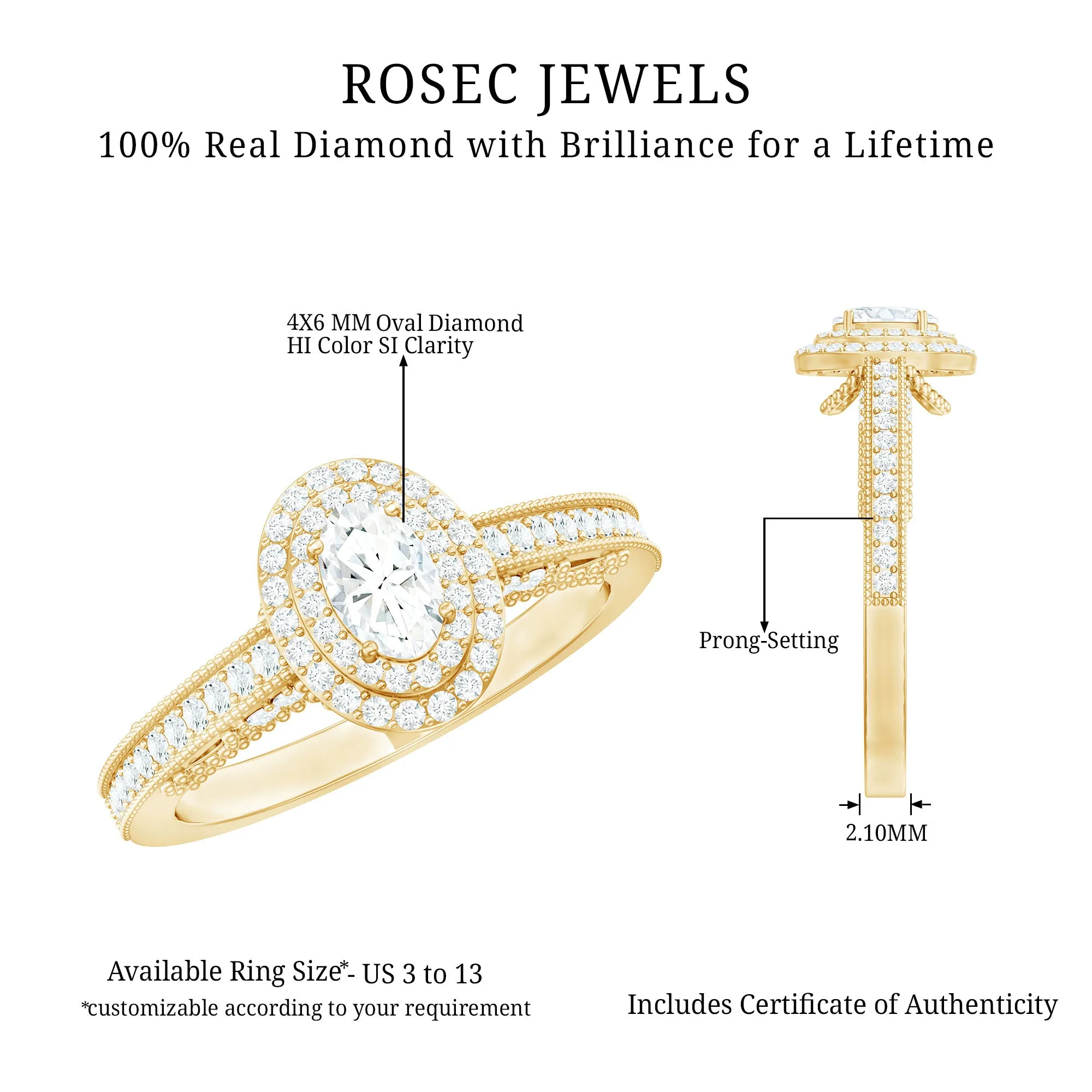 Oval Diamond Double Halo Engagement Ring with Beaded Detailing