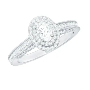 Oval Diamond Double Halo Engagement Ring with Beaded Detailing
