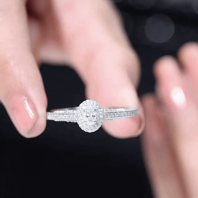 Oval Diamond Double Halo Engagement Ring with Beaded Detailing