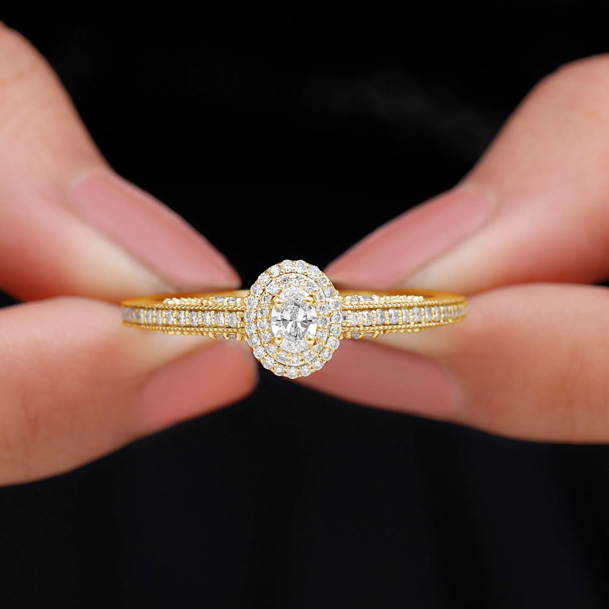 Oval Diamond Double Halo Engagement Ring with Beaded Detailing