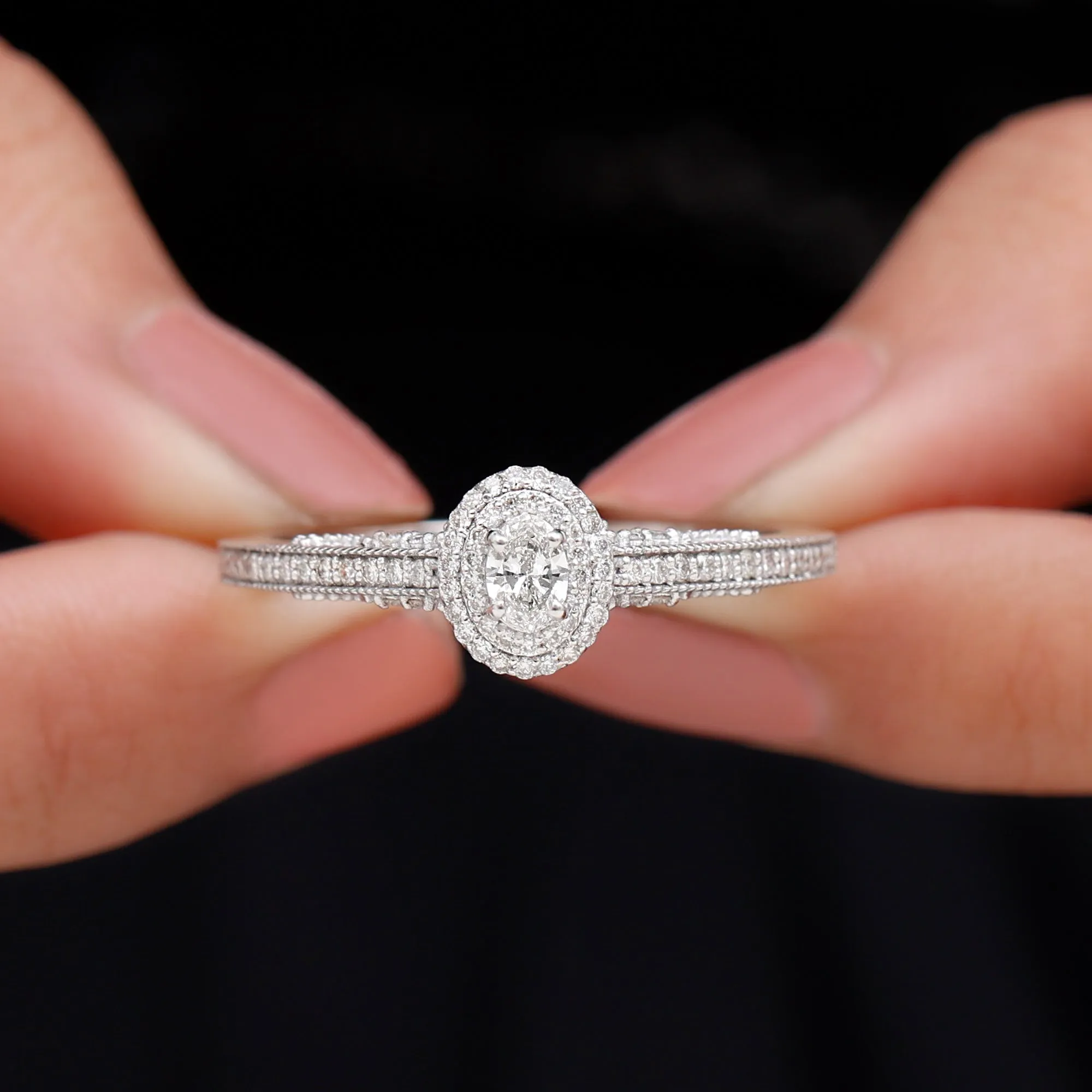 Oval Diamond Double Halo Engagement Ring with Beaded Detailing