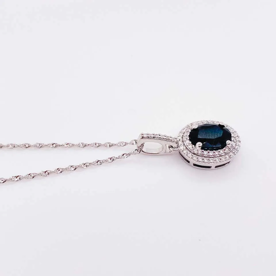 Oval Sapphire Double Diamond Halo Necklace