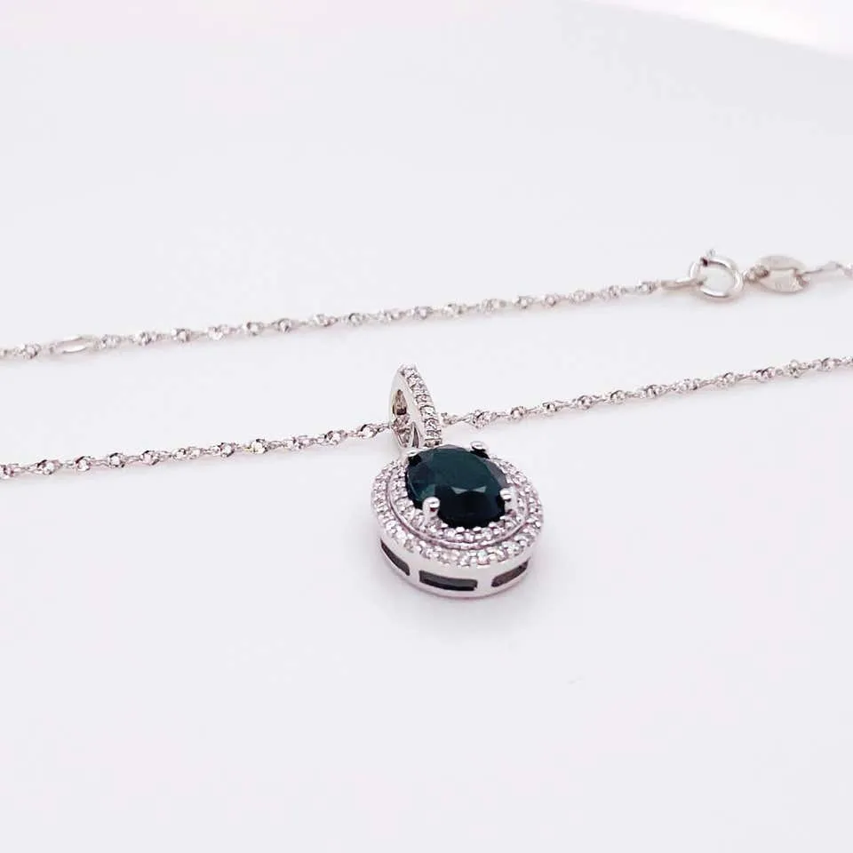 Oval Sapphire Double Diamond Halo Necklace