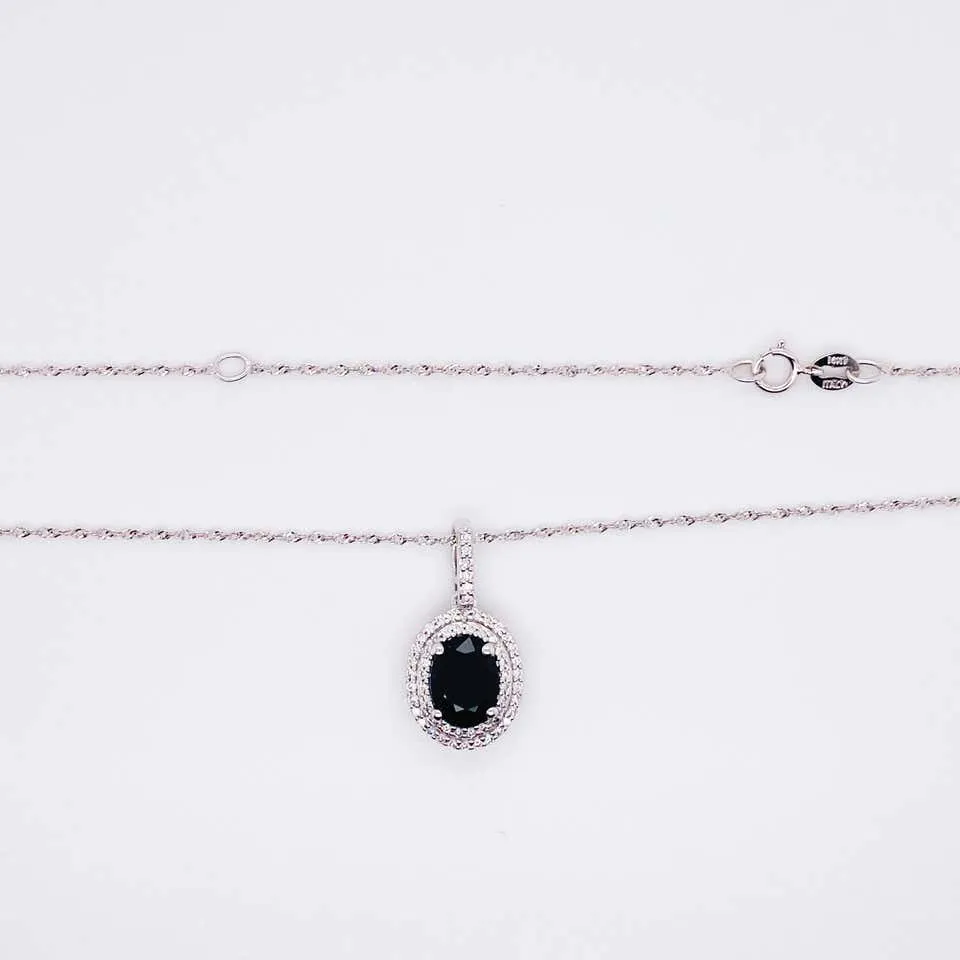 Oval Sapphire Double Diamond Halo Necklace