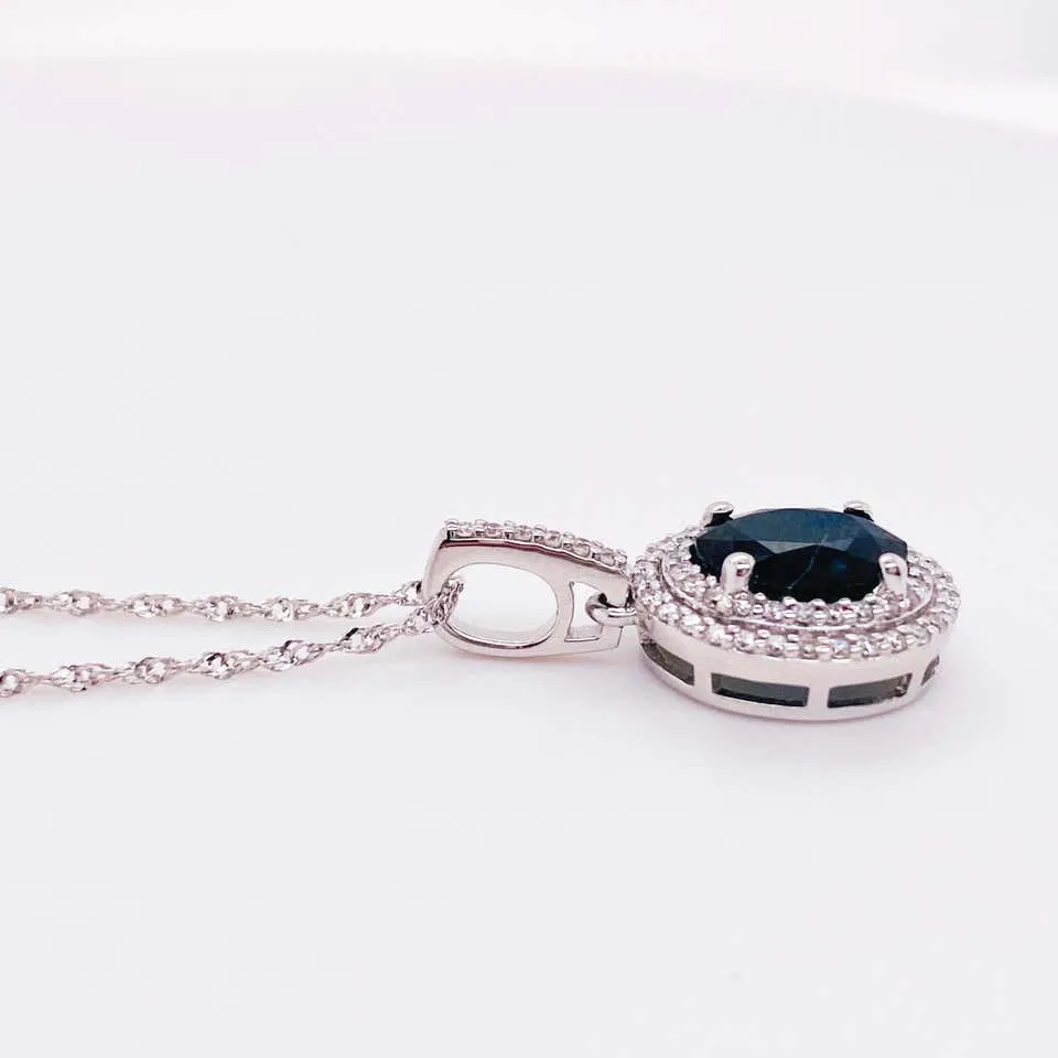 Oval Sapphire Double Diamond Halo Necklace