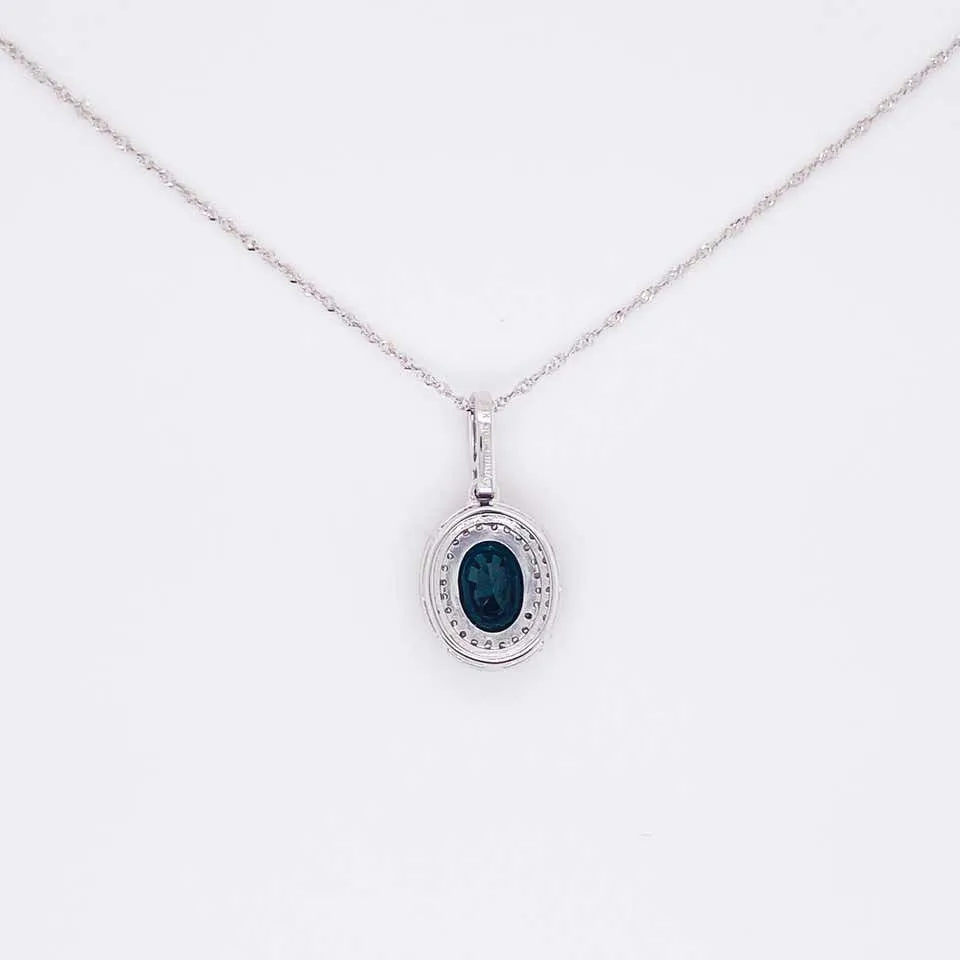 Oval Sapphire Double Diamond Halo Necklace