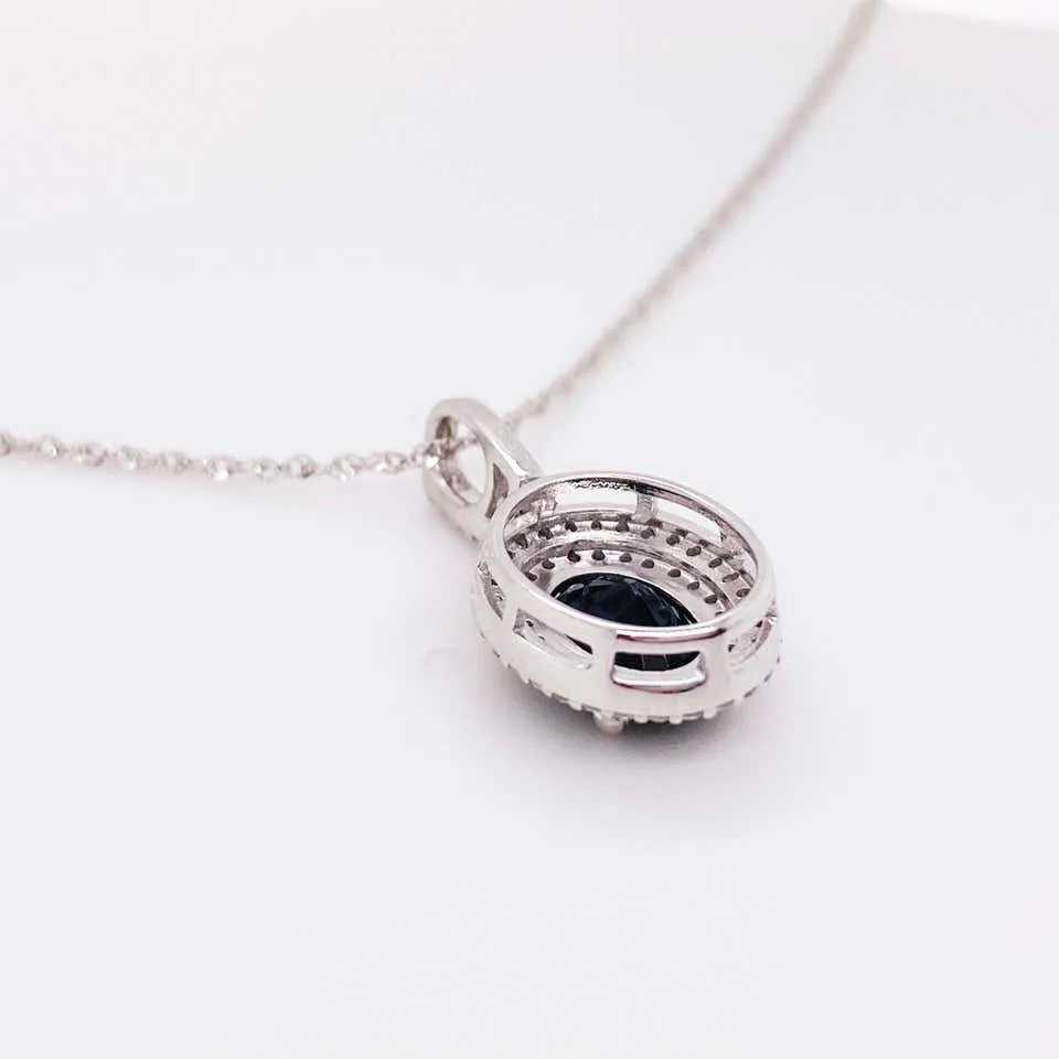 Oval Sapphire Double Diamond Halo Necklace