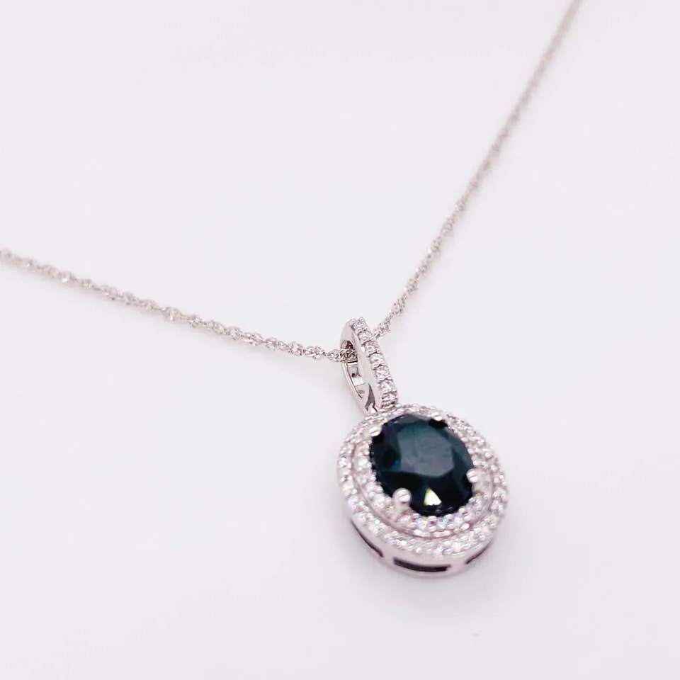 Oval Sapphire Double Diamond Halo Necklace