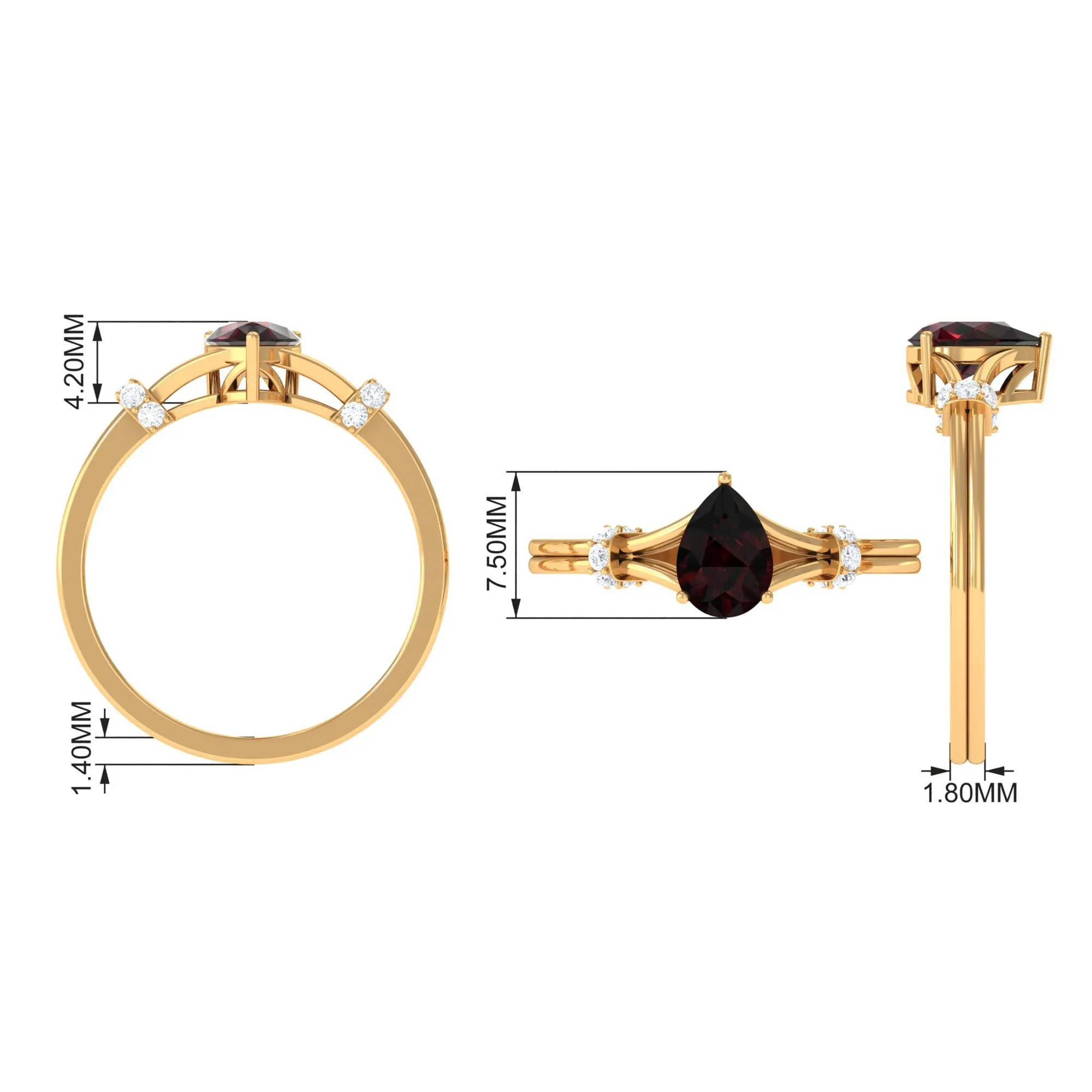 Pear Shape Garnet Solitaire Split Shank Ring with Diamond