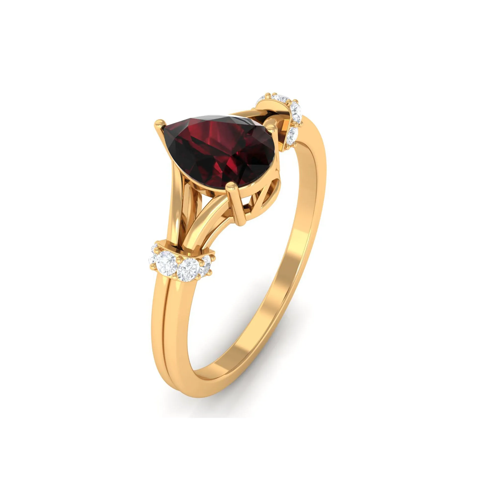 Pear Shape Garnet Solitaire Split Shank Ring with Diamond