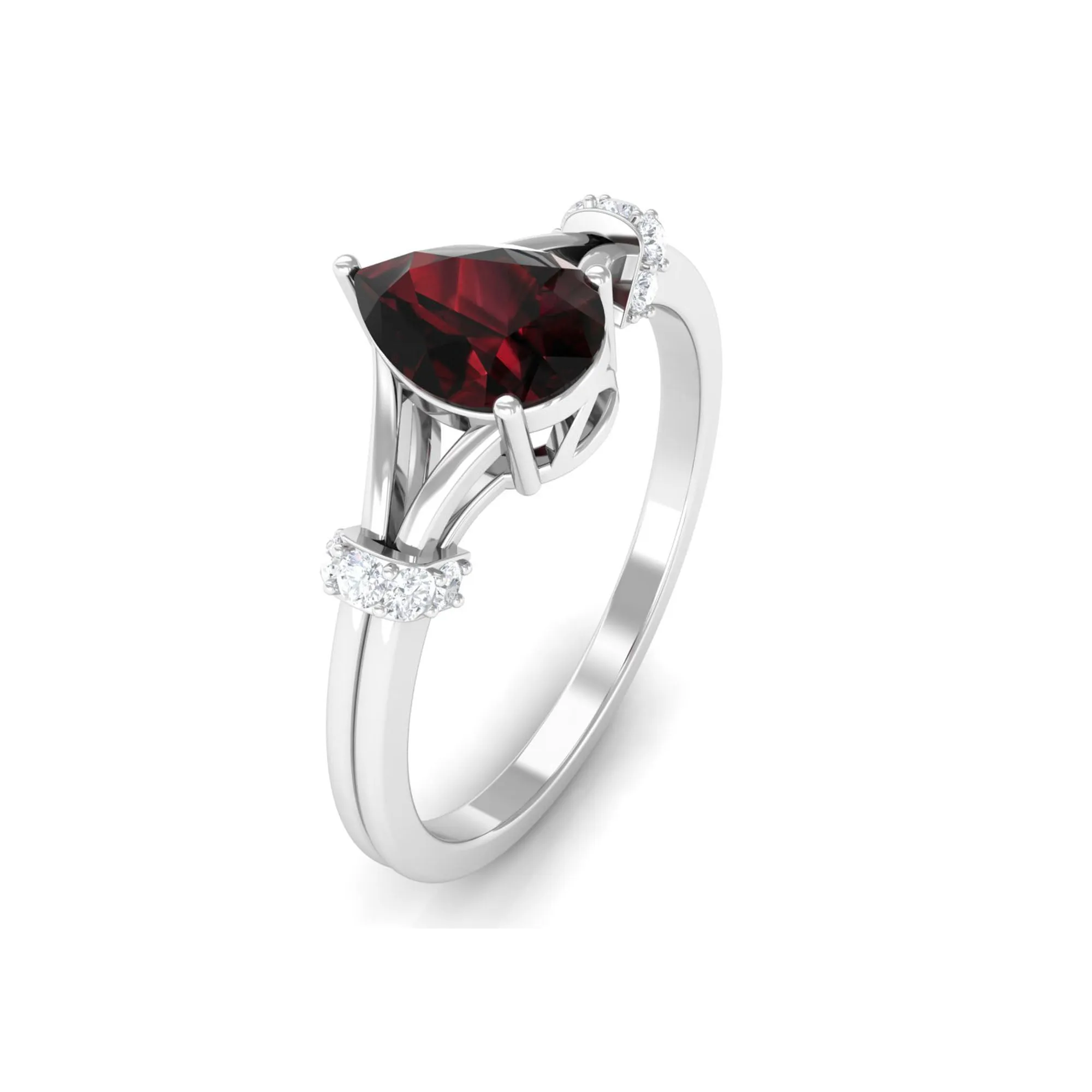 Pear Shape Garnet Solitaire Split Shank Ring with Diamond