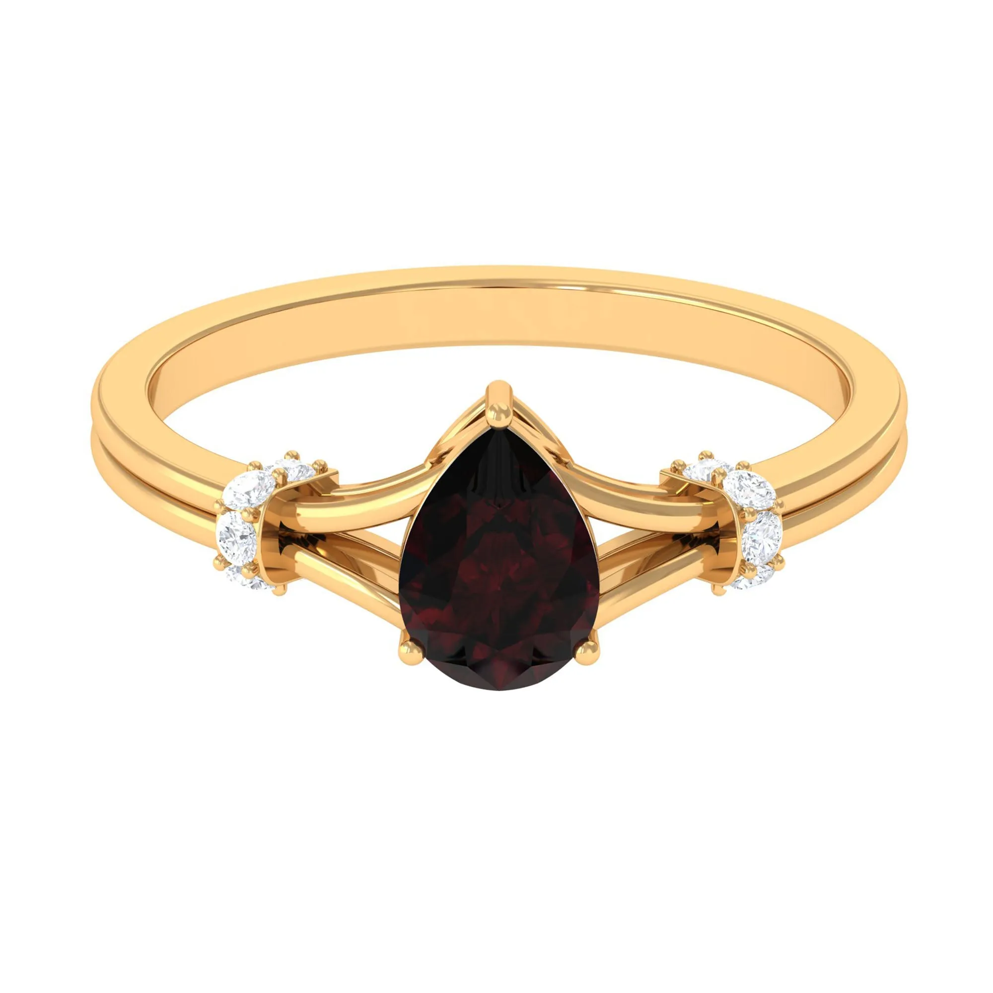 Pear Shape Garnet Solitaire Split Shank Ring with Diamond