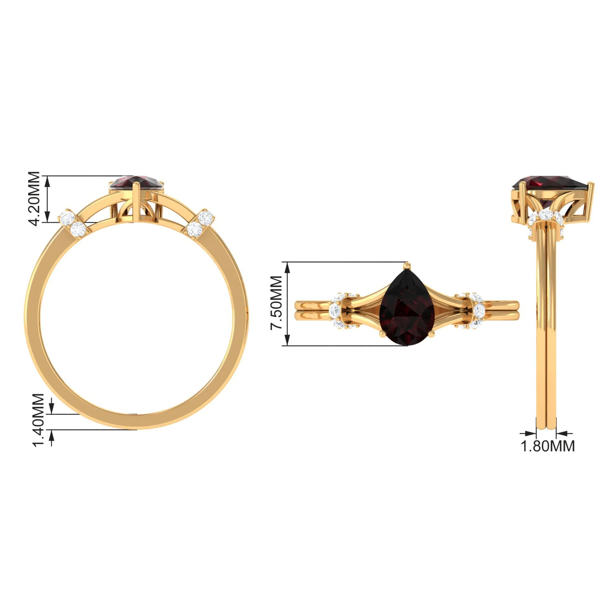 Pear Shape Garnet Solitaire Split Shank Ring with Diamond